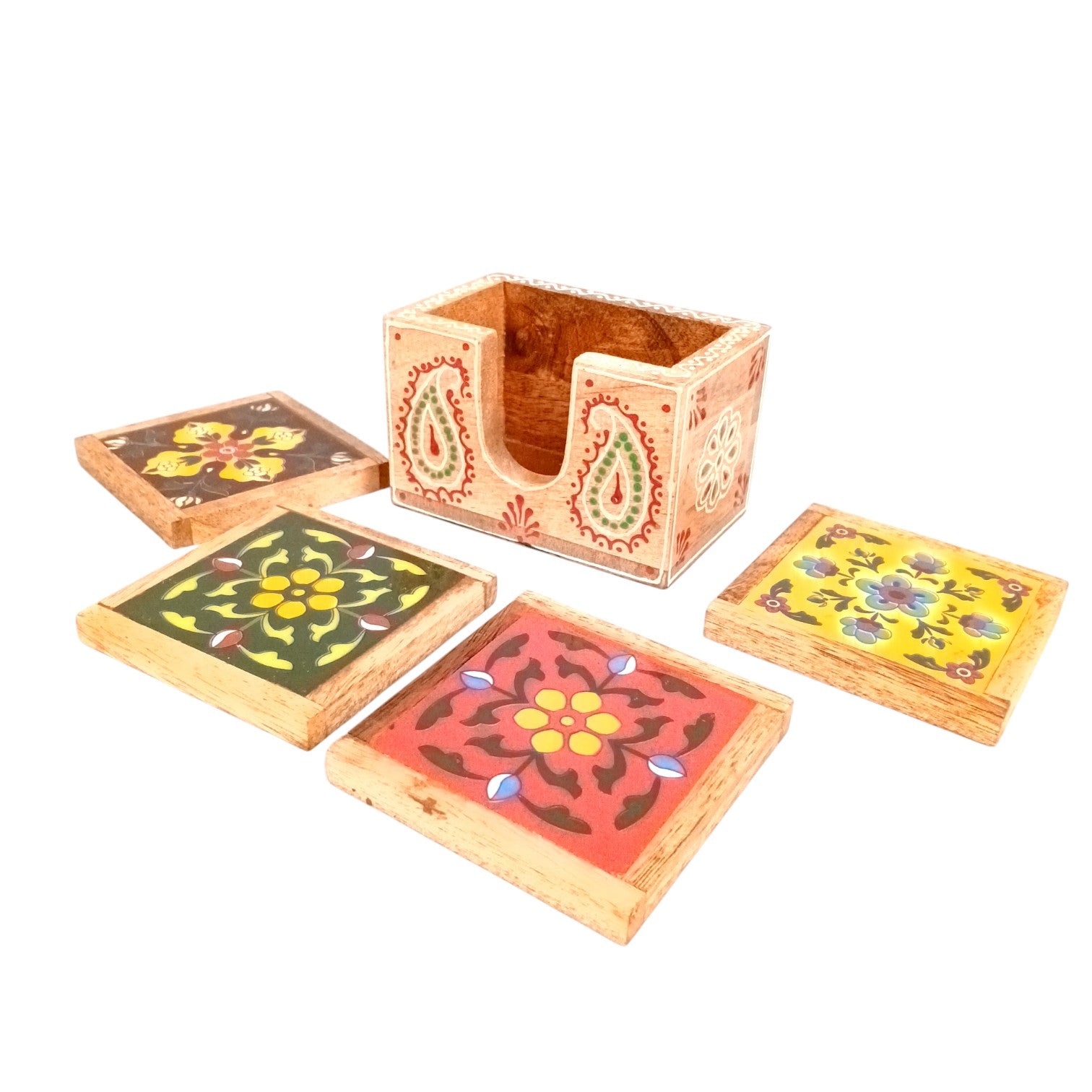 Wooden Tea Coaster Set | Handcrafted Tile Coasters for Tea, Coffee & Drinks | Wooden Table Coasters for Dining, Office & Home Decor - 4 Inch - Apkamart