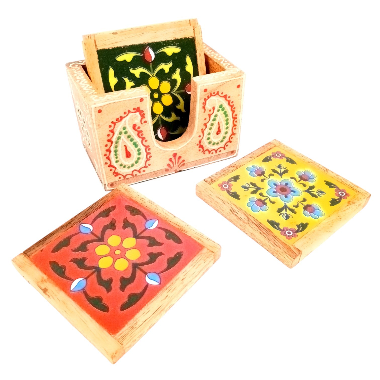 Wooden Tea Coaster Set | Handcrafted Tile Coasters for Tea, Coffee & Drinks | Wooden Table Coasters for Dining, Office & Home Decor - 4 Inch - Apkamart