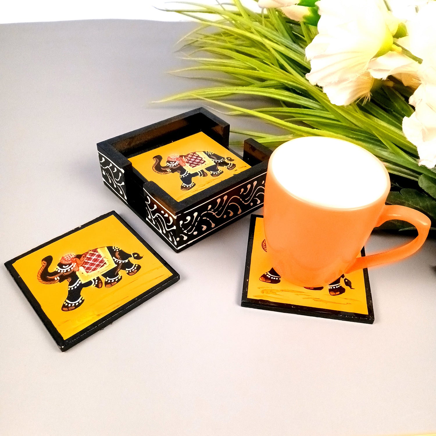 Tea Coasters Set | Wooden Coffee Coasters With Stand | Heat Pad | Dining Table Decor - For Kitchen, Bar, Tables, Hot Pots, Cups, Mugs - 4 Inch (Wood, Black) - Apkamart