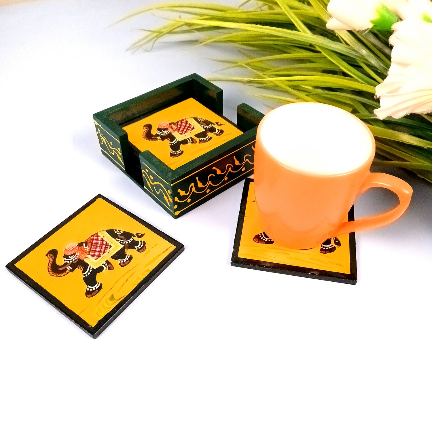 Tea Coasters Set | Wooden Coffee Coasters With Stand | Heat Pad | Dining Table Decor - For Kitchen, Bar, Tables, Hot Pots, Cups, Mugs - 4 Inch (Wood, Green) - Apkamart