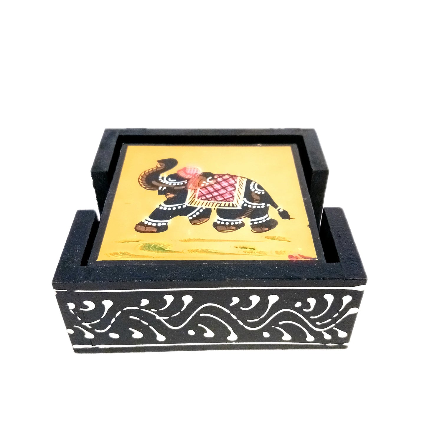 Tea Coasters Set | Wooden Coffee Coasters With Stand | Heat Pad | Dining Table Decor - For Kitchen, Bar, Tables, Hot Pots, Cups, Mugs - 4 Inch (Wood, Black) - Apkamart