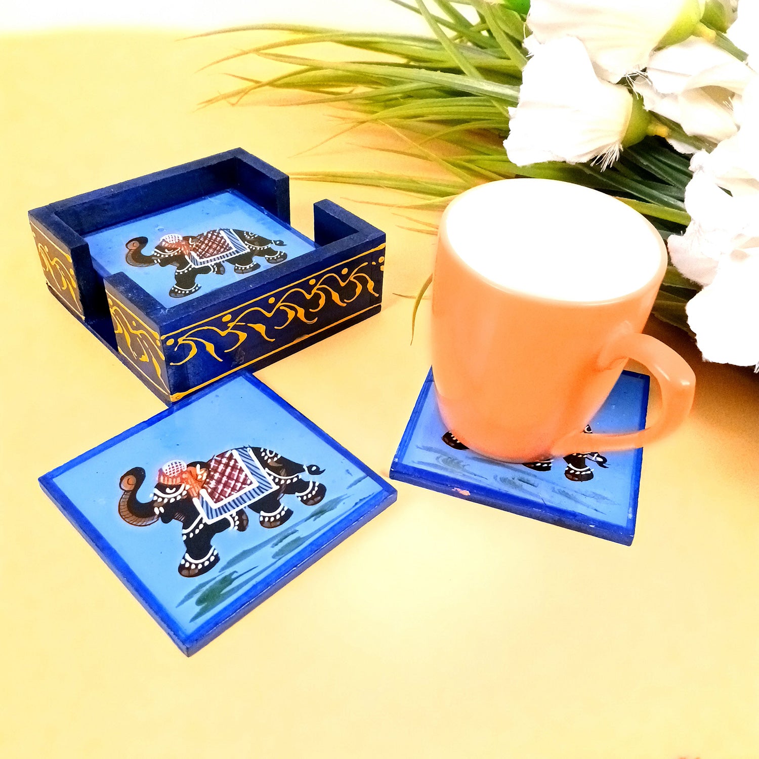 Wooden Coaster Set With Stand | Tea Mat Coasters | Heat Pad | Dining Table Decor - For Kitchen, Bar, Tables, Hot Pots, Cups, Mugs - 4 Inch (Wood, Blue) - Apkamart