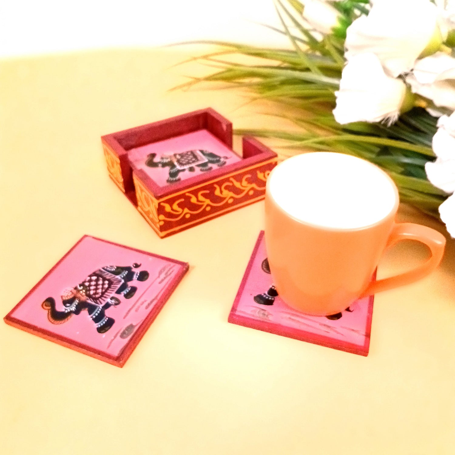 Tea Coasters Set | Wooden Coaster Mats | Drink Coasters Set With Stand - For Coffee Table, Center Table, Kitchen, Bar, Hot Pots, Cups, Mugs - 4 Inch (Wood, Red) - Apkamart #Style_Design 1