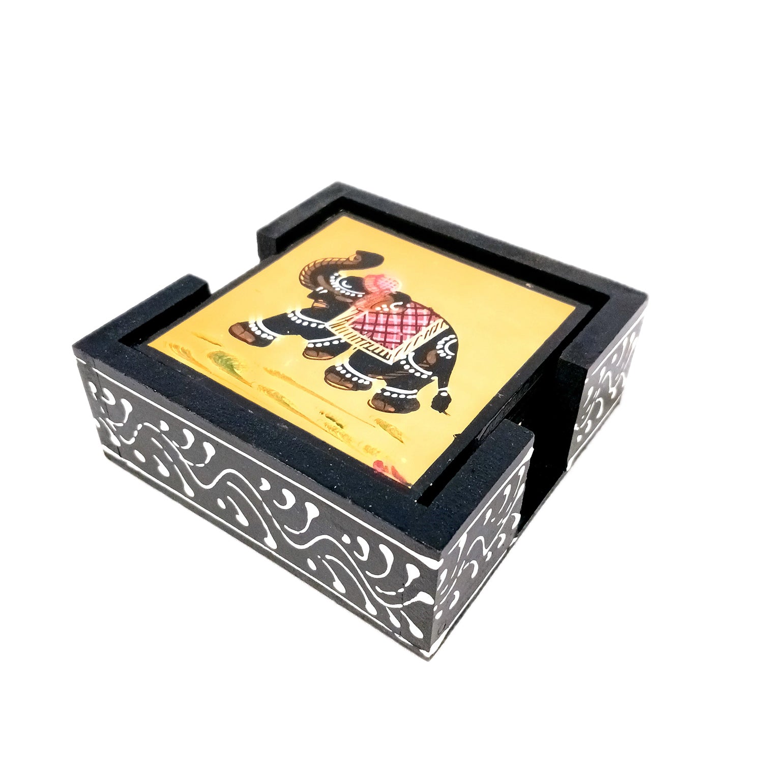 Tea Coasters Set | Wooden Coffee Coasters With Stand | Heat Pad | Dining Table Decor - For Kitchen, Bar, Tables, Hot Pots, Cups, Mugs - 4 Inch (Wood, Black) - Apkamart