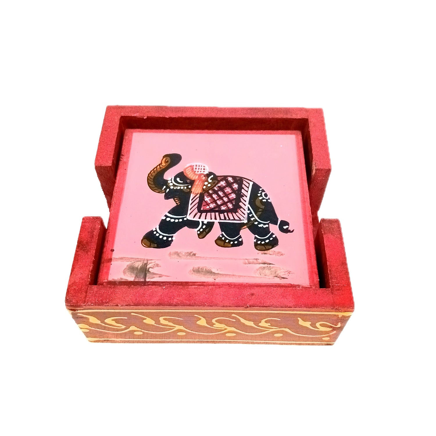 Tea Coasters Set | Wooden Coaster Mats | Drink Coasters Set With Stand - For Coffee Table, Center Table, Kitchen, Bar, Hot Pots, Cups, Mugs - 4 Inch (Wood, Red) - Apkamart #Style_Design 1