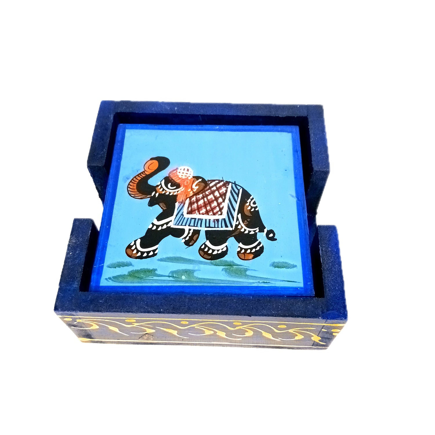 Wooden Coaster Set With Stand | Tea Mat Coasters | Heat Pad | Dining Table Decor - For Kitchen, Bar, Tables, Hot Pots, Cups, Mugs - 4 Inch (Wood, Blue) - Apkamart