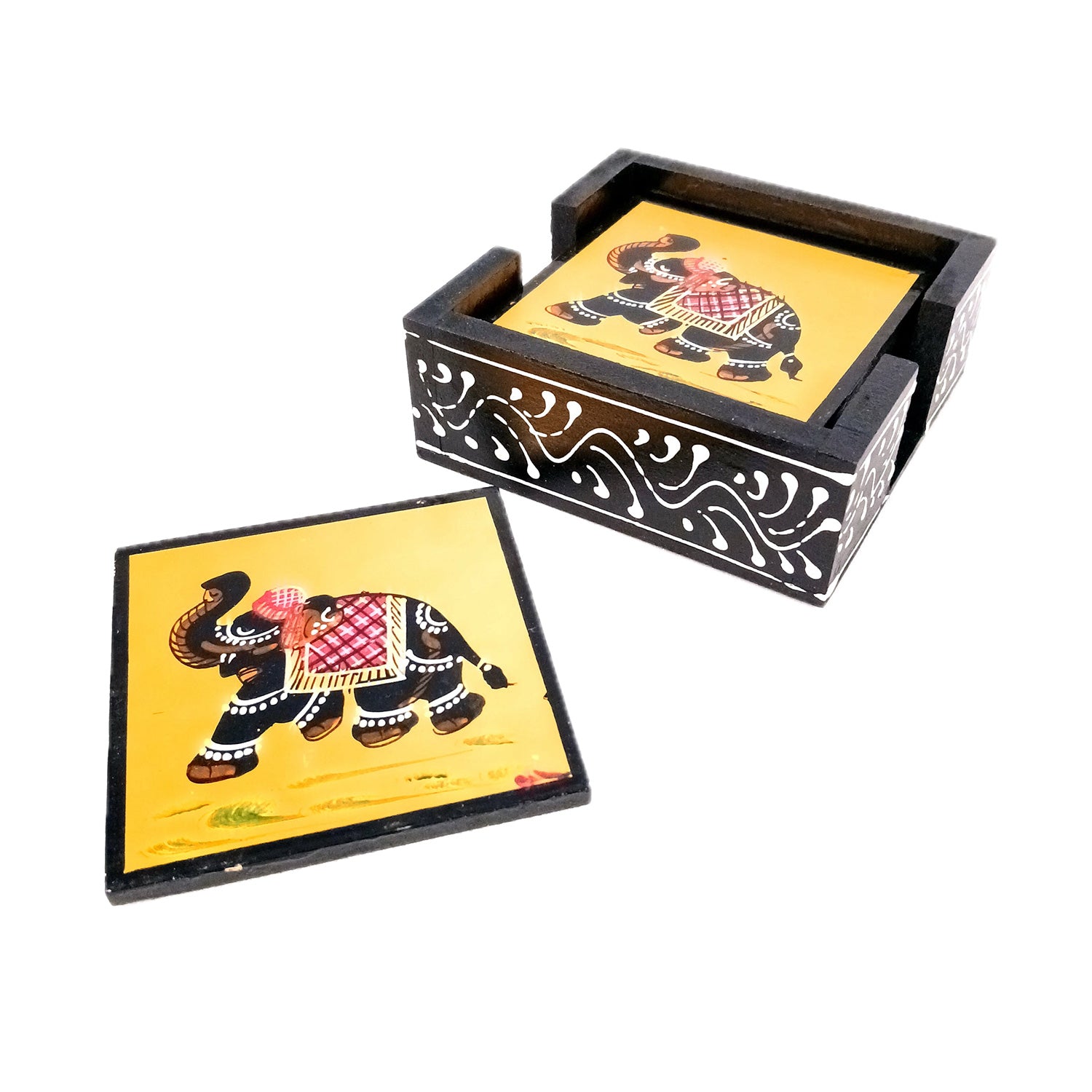 Tea Coasters Set | Wooden Coffee Coasters With Stand | Heat Pad | Dining Table Decor - For Kitchen, Bar, Tables, Hot Pots, Cups, Mugs - 4 Inch (Wood, Black) - Apkamart