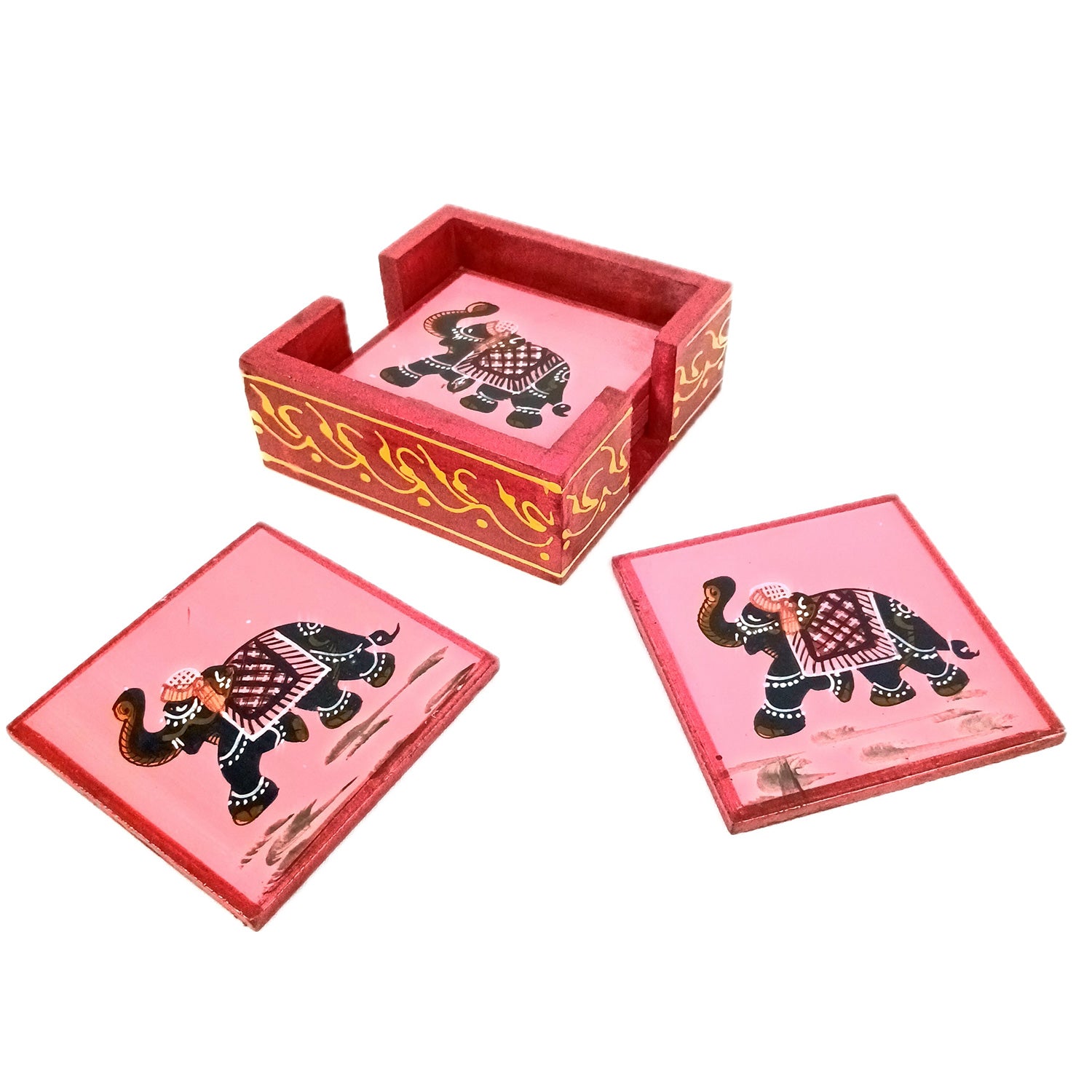 Tea Coasters Set | Wooden Coaster Mats | Drink Coasters Set With Stand - For Coffee Table, Center Table, Kitchen, Bar, Hot Pots, Cups, Mugs - 4 Inch (Wood, Red) - Apkamart #Style_Design 1