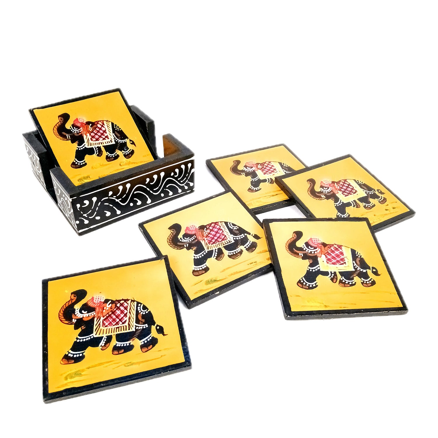 Tea Coasters Set | Wooden Coffee Coasters With Stand | Heat Pad | Dining Table Decor - For Kitchen, Bar, Tables, Hot Pots, Cups, Mugs - 4 Inch (Wood, Black) - Apkamart