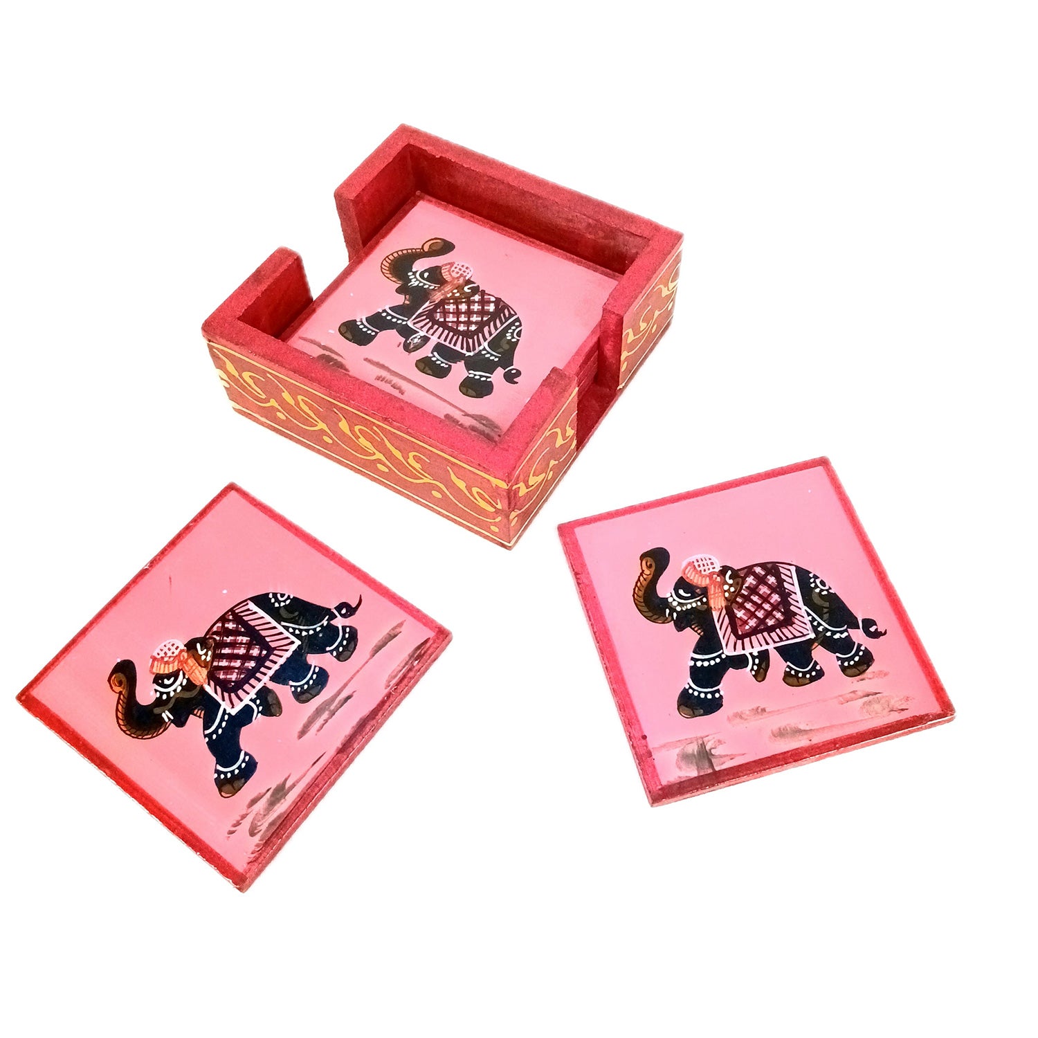 Tea Coasters Set | Wooden Coaster Mats | Drink Coasters Set With Stand - For Coffee Table, Center Table, Kitchen, Bar, Hot Pots, Cups, Mugs - 4 Inch (Wood, Red) - Apkamart #Style_Design 1