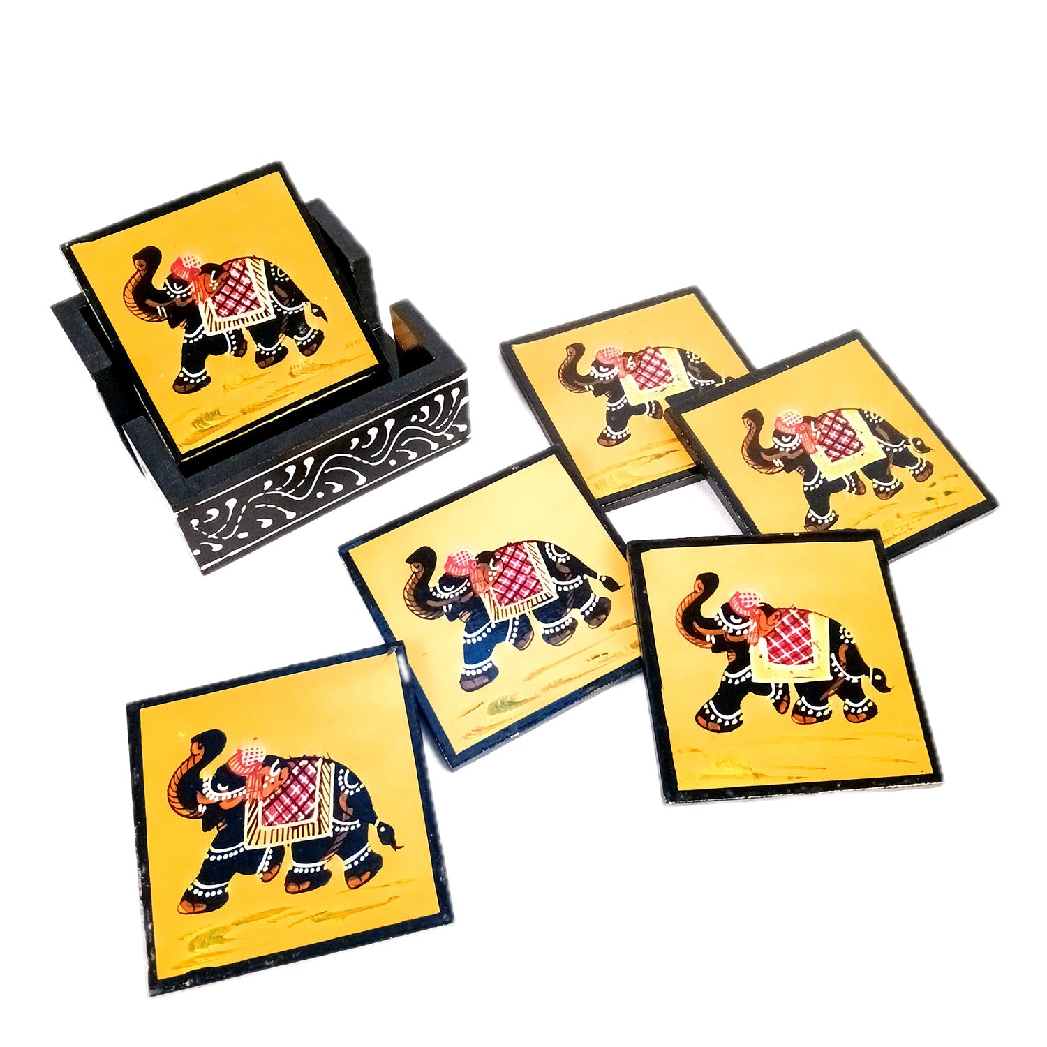 Tea Coasters Set | Wooden Coffee Coasters With Stand | Heat Pad | Dining Table Decor - For Kitchen, Bar, Tables, Hot Pots, Cups, Mugs - 4 Inch (Wood, Black) - Apkamart