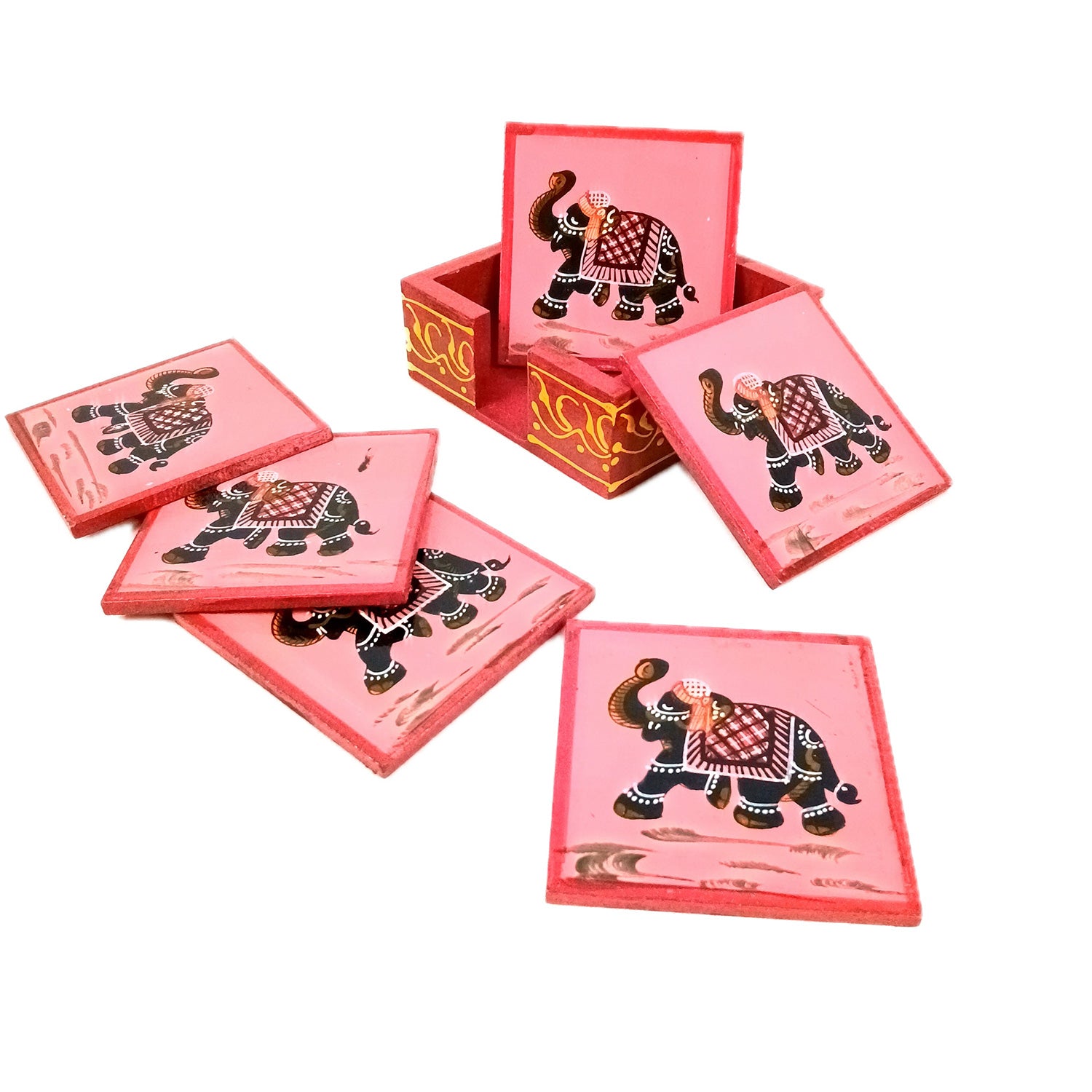 Tea Coasters Set | Wooden Coaster Mats | Drink Coasters Set With Stand - For Coffee Table, Center Table, Kitchen, Bar, Hot Pots, Cups, Mugs - 4 Inch (Wood, Red) - Apkamart #Style_Design 1
