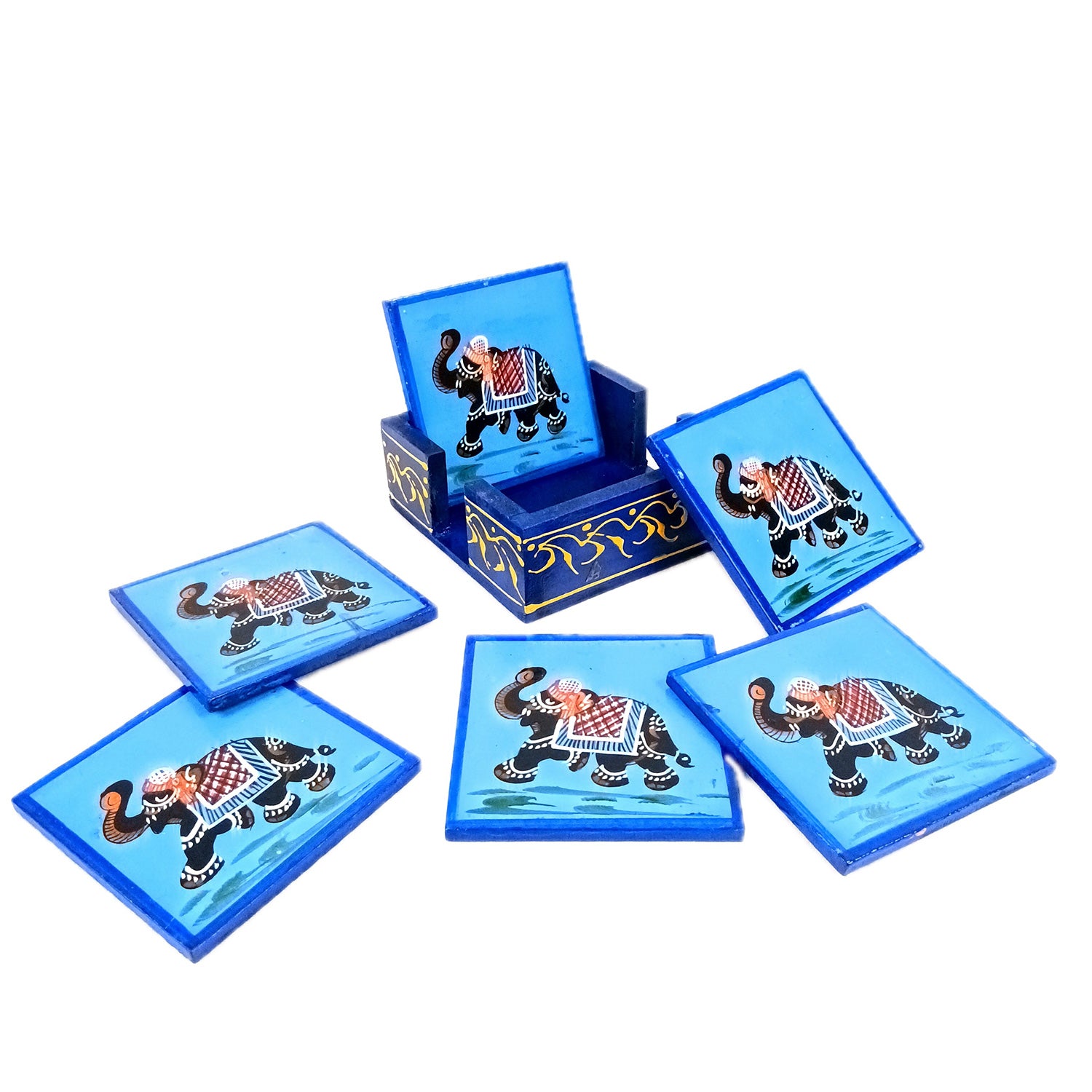 Wooden Coaster Set With Stand | Tea Mat Coasters | Heat Pad | Dining Table Decor - For Kitchen, Bar, Tables, Hot Pots, Cups, Mugs - 4 Inch (Wood, Blue) - Apkamart