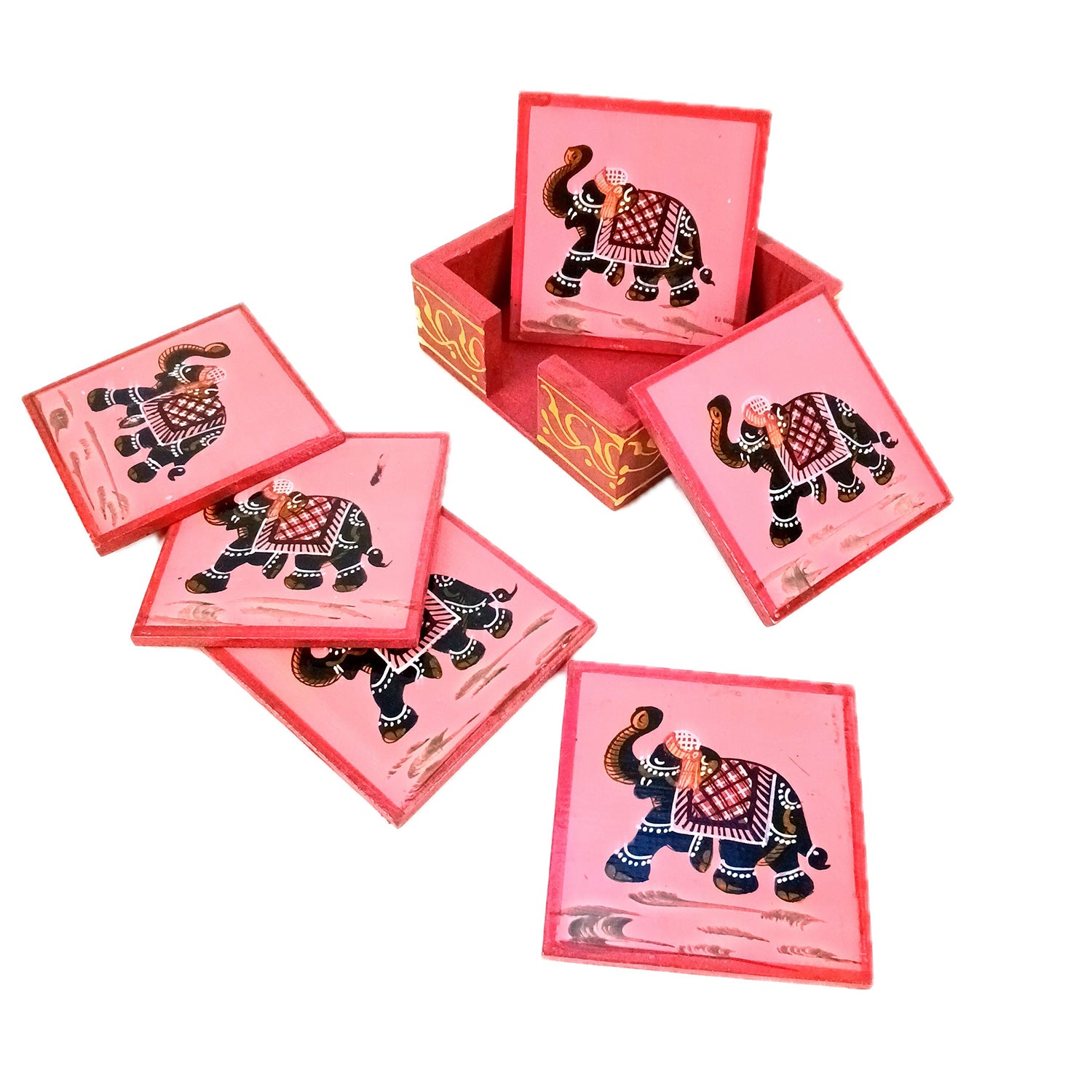 Tea Coasters Set | Wooden Coaster Mats | Drink Coasters Set With Stand - For Coffee Table, Center Table, Kitchen, Bar, Hot Pots, Cups, Mugs - 4 Inch (Wood, Red) - Apkamart #Style_Design 1