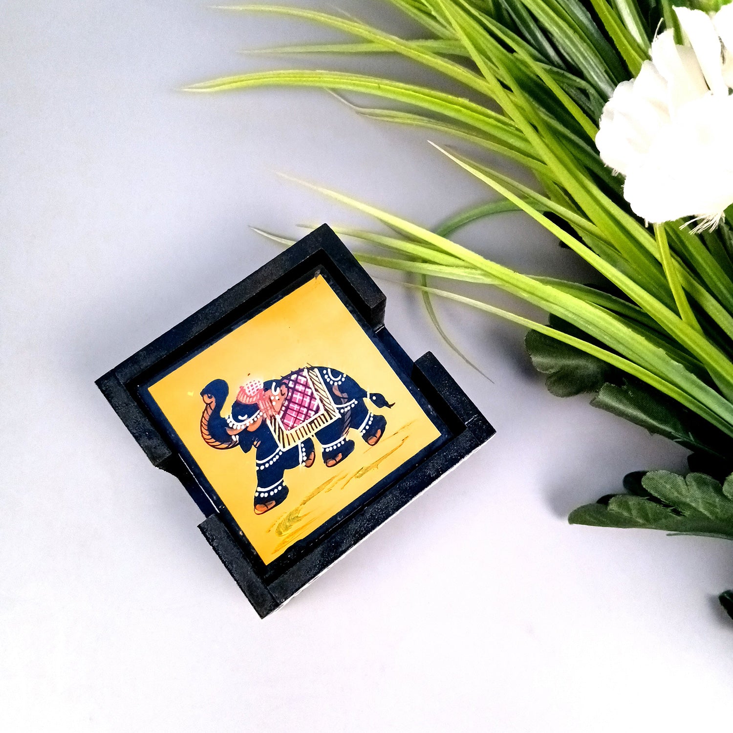 Tea Coasters Set | Wooden Coffee Coasters With Stand | Heat Pad | Dining Table Decor - For Kitchen, Bar, Tables, Hot Pots, Cups, Mugs - 4 Inch (Wood, Black) - Apkamart