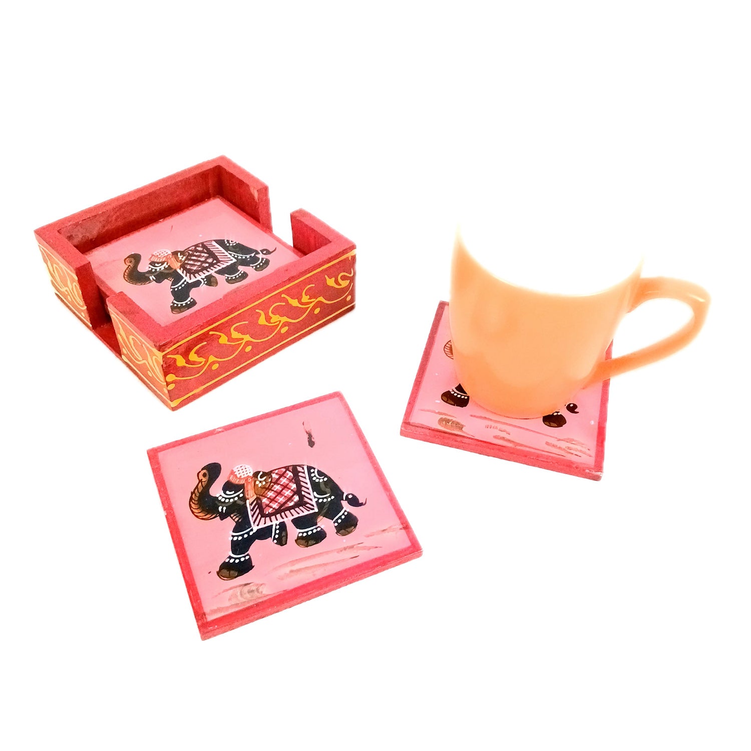 Tea Coasters Set | Wooden Coaster Mats | Drink Coasters Set With Stand - For Coffee Table, Center Table, Kitchen, Bar, Hot Pots, Cups, Mugs - 4 Inch (Wood, Red) - Apkamart #Style_Design 1