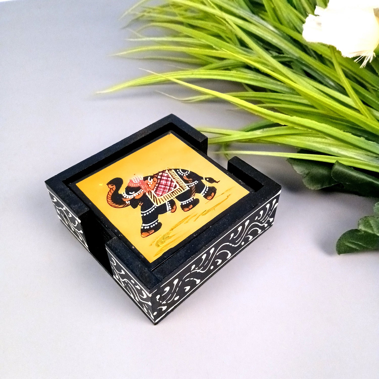 Tea Coasters Set | Wooden Coffee Coasters With Stand | Heat Pad | Dining Table Decor - For Kitchen, Bar, Tables, Hot Pots, Cups, Mugs - 4 Inch (Wood, Black) - Apkamart