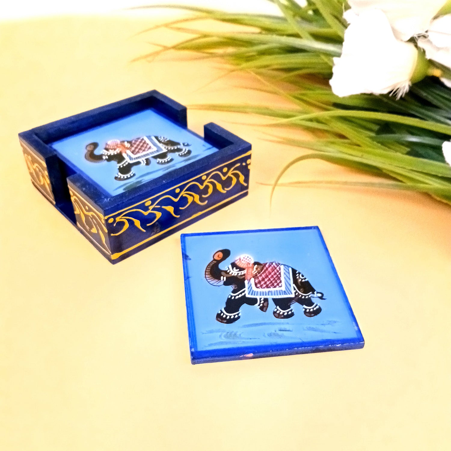 Wooden Coaster Set With Stand | Tea Mat Coasters | Heat Pad | Dining Table Decor - For Kitchen, Bar, Tables, Hot Pots, Cups, Mugs - 4 Inch (Wood, Blue) - Apkamart