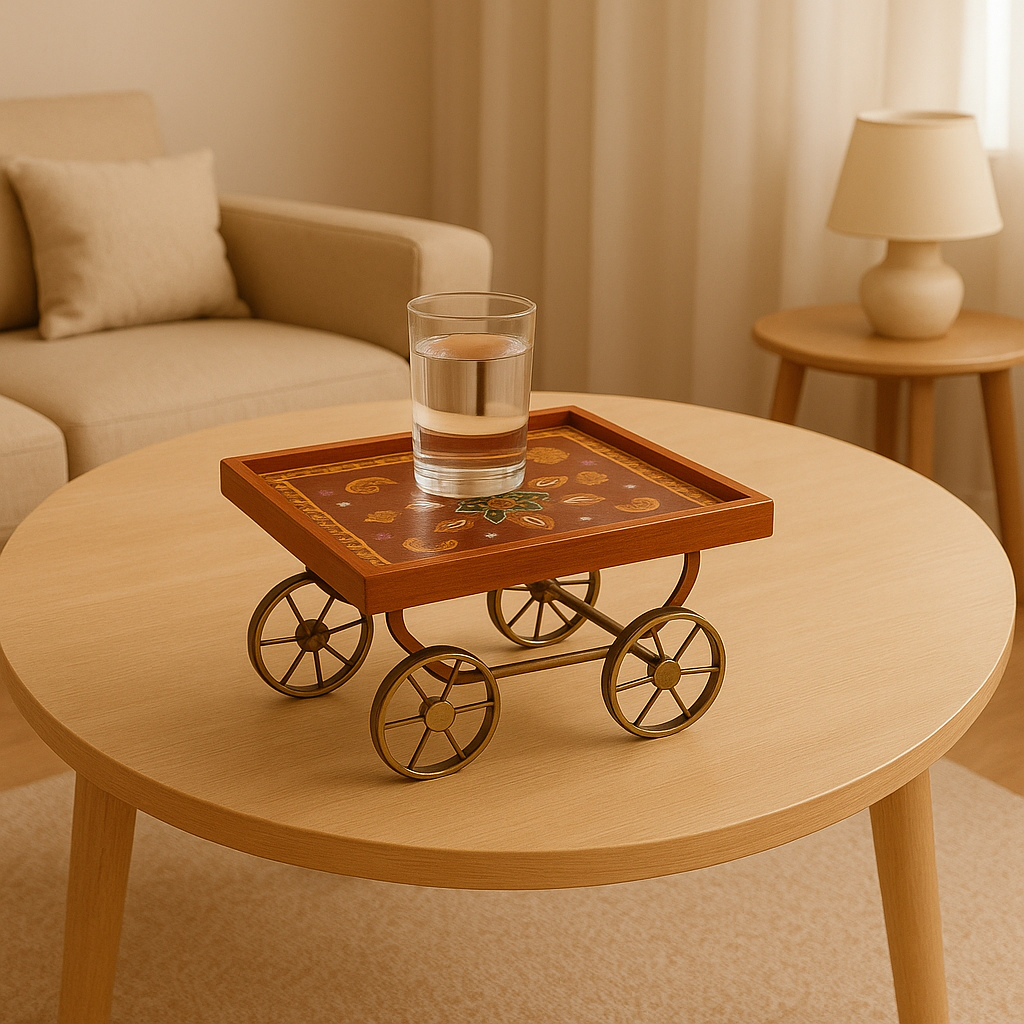 Thela Tray | Unique Serving Tray with Tyres for Snacks, Dry Fruits & Decor | Decorative Handcart Style Tray for Dining, Kitchen, Living Room & Gifting - 12 Inch - Apkamart