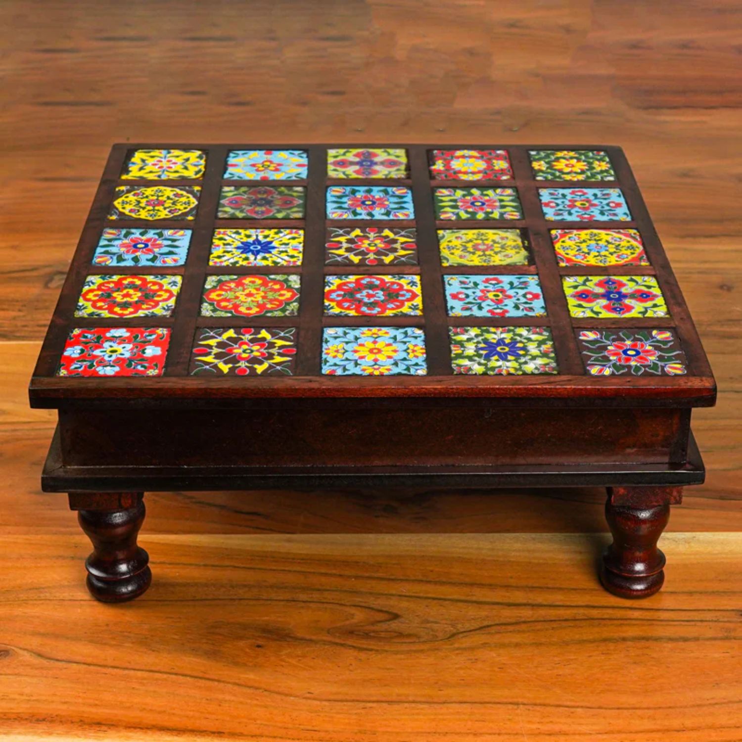 Wooden Pooja Chowki with Ceramic Tiles On Top | Decorative Bajot Pooja Chauki - For Home Decor, Temple, Living Room, Corners - 11 Inch