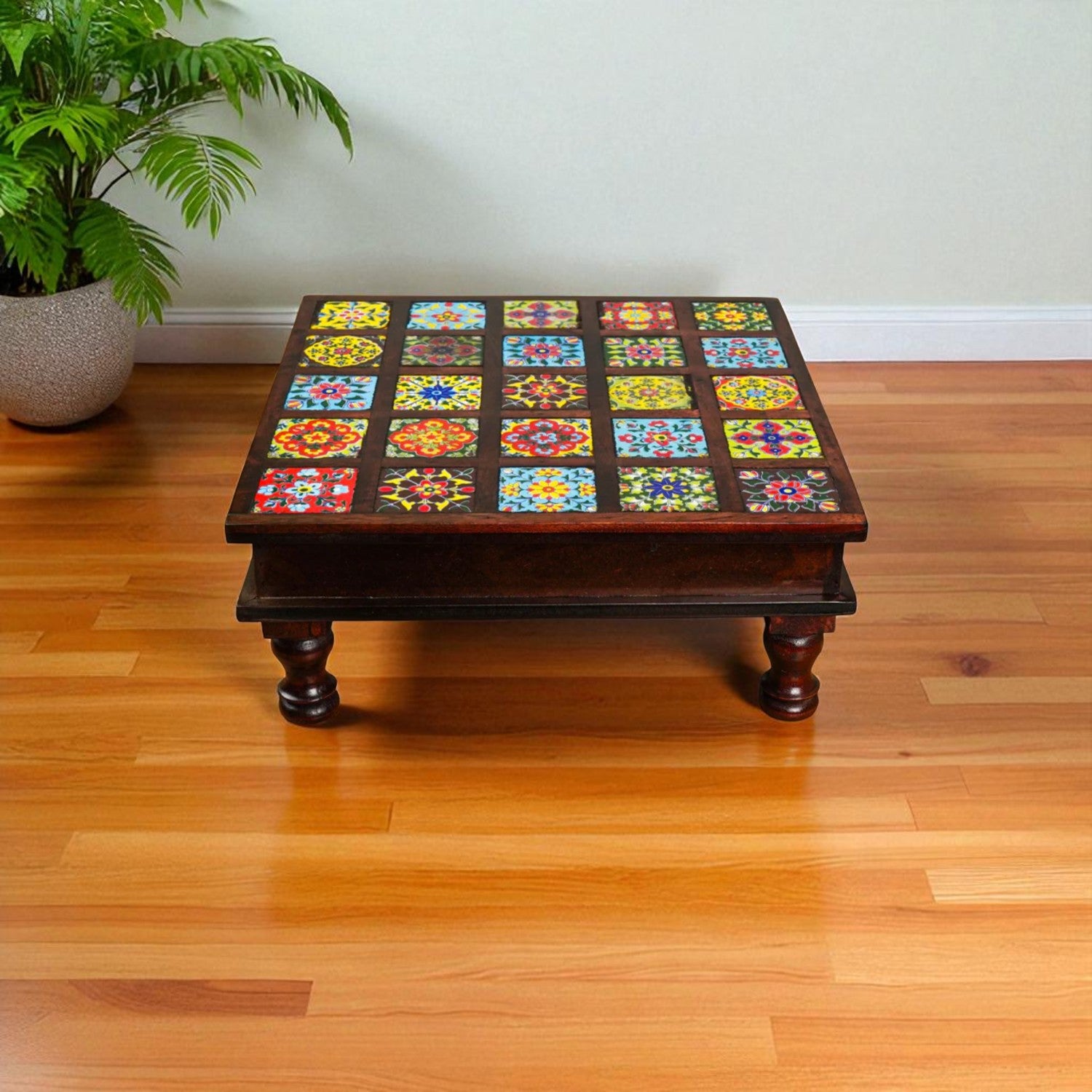 Wooden Pooja Chowki with Ceramic Tiles On Top | Decorative Bajot Pooja Chauki - For Home Decor, Temple, Living Room, Corners - 11 Inch