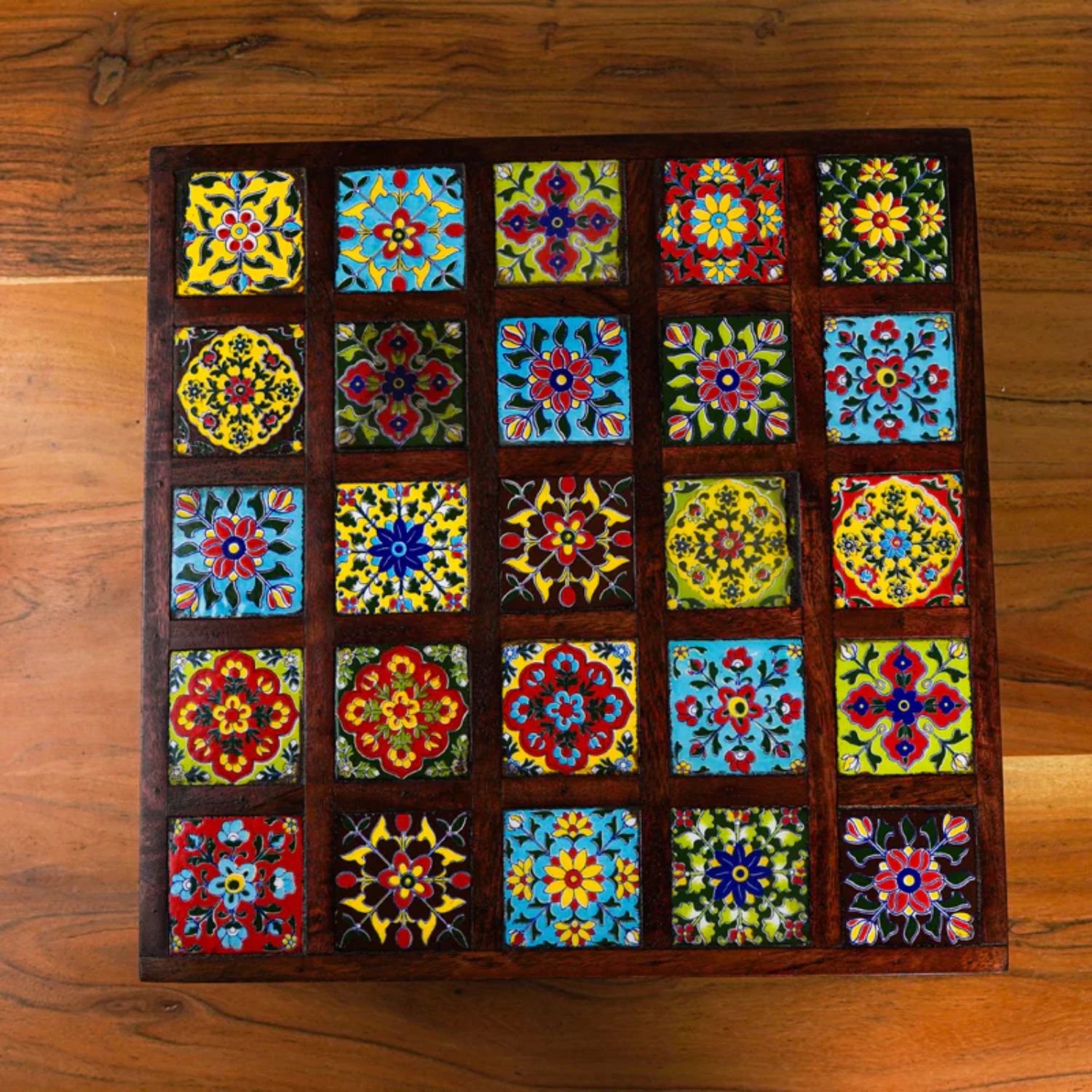 Wooden Pooja Chowki with Ceramic Tiles On Top | Decorative Bajot Pooja Chauki - For Home Decor, Temple, Living Room, Corners - 11 Inch