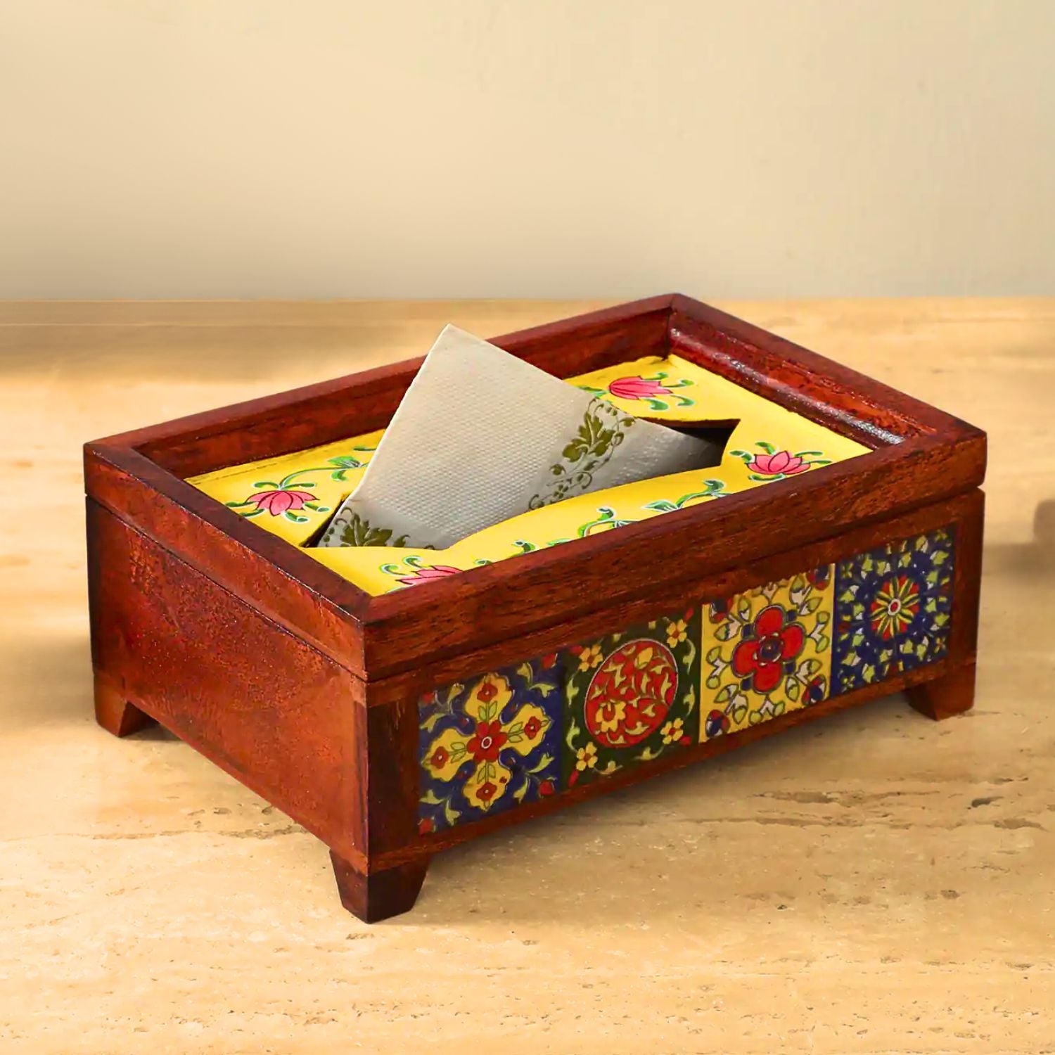 Napkin Holder With Ceramic Tiles | Tissue Paper Stand | Wooden Tissue Dispenser With Lid - For Home, Dining Table, Kitchen, Center Table Decor & Gift - 9 Inch - Apkamart #Style_Design 2