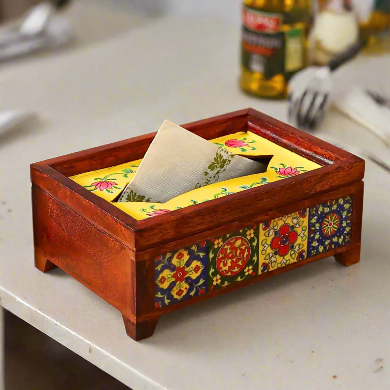 Napkin Holder With Ceramic Tiles | Tissue Paper Stand | Wooden Tissue Dispenser With Lid - For Home, Dining Table, Kitchen, Center Table Decor & Gift - 9 Inch - Apkamart #Style_Design 2