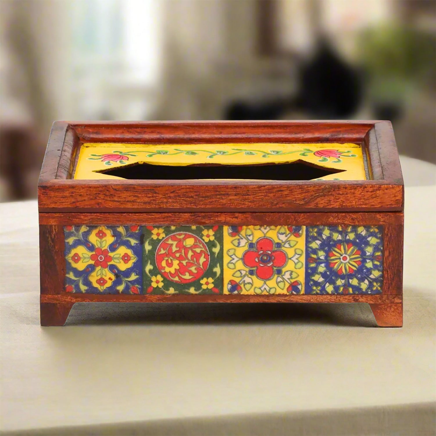 Napkin Holder With Ceramic Tiles | Tissue Paper Stand | Wooden Tissue Dispenser With Lid - For Home, Dining Table, Kitchen, Center Table Decor & Gift - 9 Inch - Apkamart #Style_Design 2