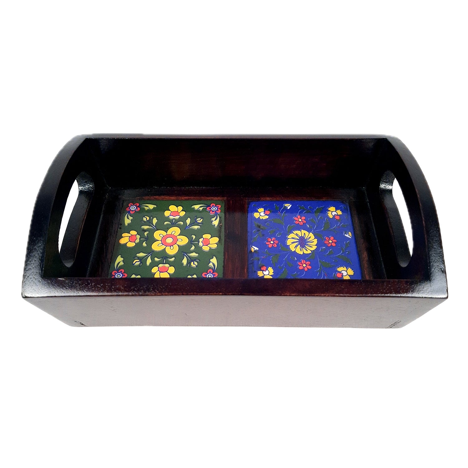Serving Tray With Ceramic Tiles | Tea & Snacks Serving Platter Wooden - for Home, Dining Table, Kitchen Decor & Gifts - 9 Inch - Apkamart
