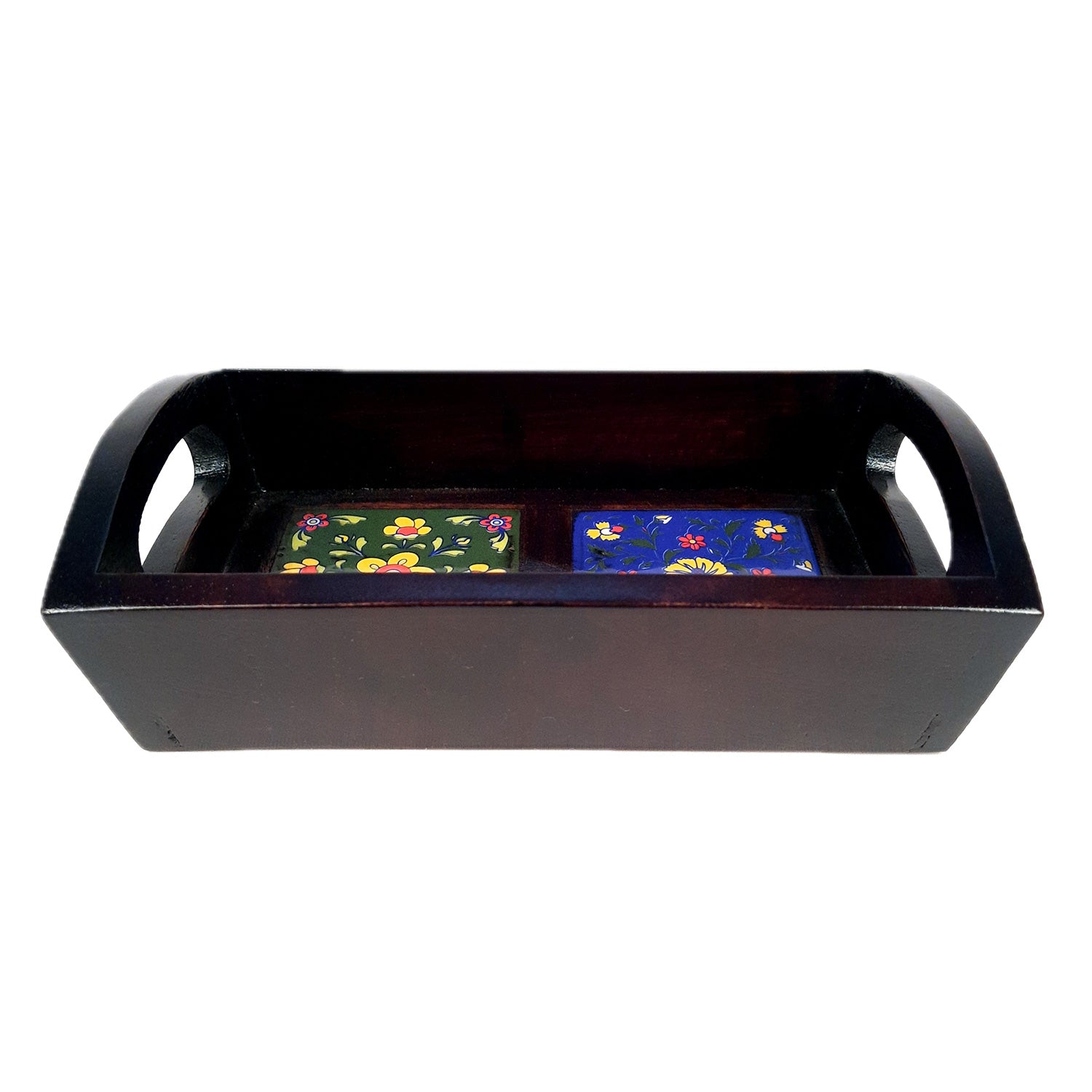 Serving Tray With Ceramic Tiles | Tea & Snacks Serving Platter Wooden - for Home, Dining Table, Kitchen Decor & Gifts - 9 Inch - Apkamart