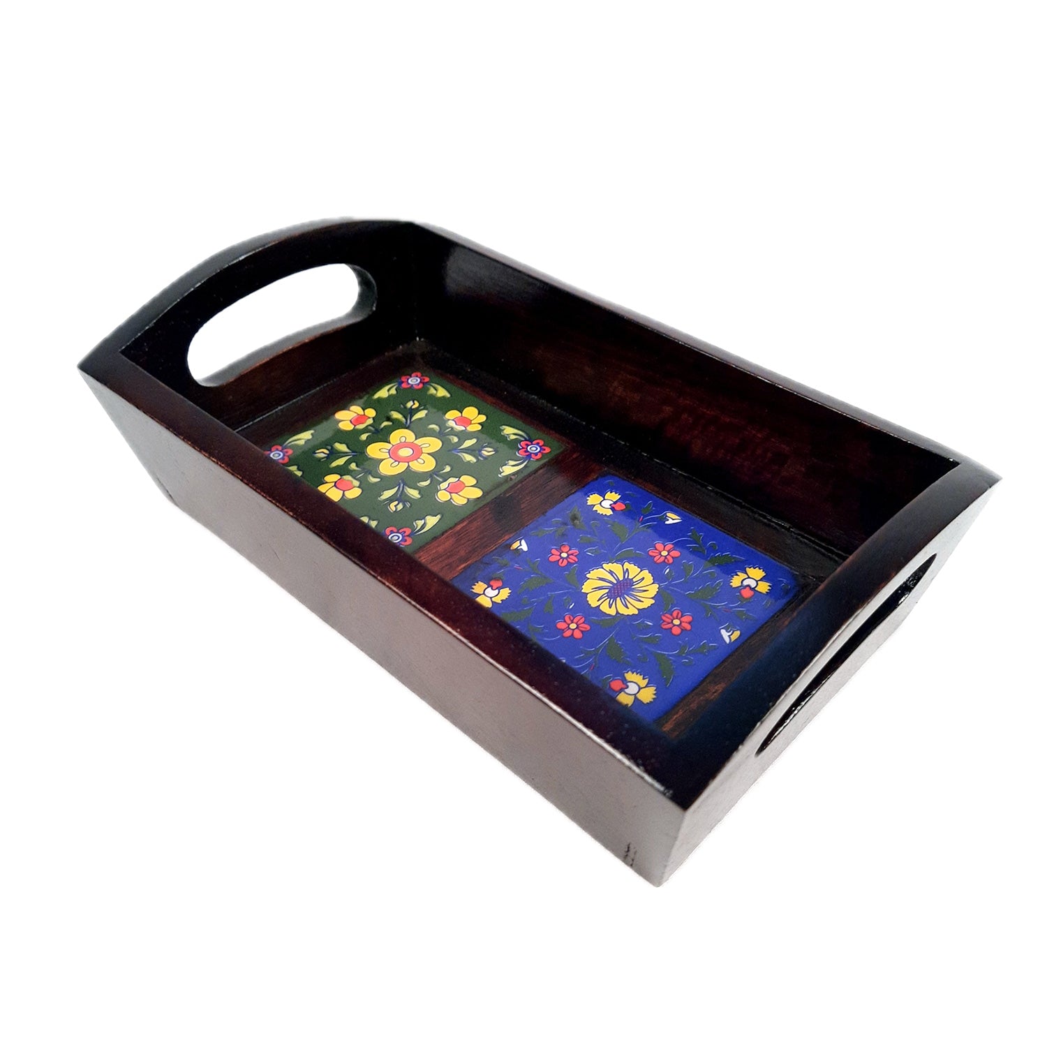 Serving Tray With Ceramic Tiles | Tea & Snacks Serving Platter Wooden - for Home, Dining Table, Kitchen Decor & Gifts - 9 Inch - Apkamart