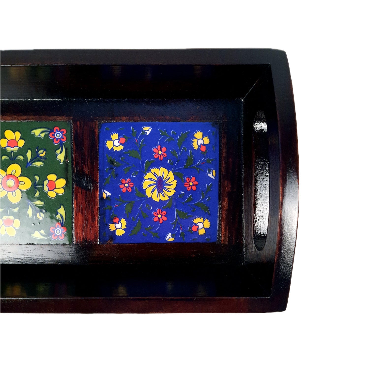 Serving Tray With Ceramic Tiles | Tea & Snacks Serving Platter Wooden - for Home, Dining Table, Kitchen Decor & Gifts - 9 Inch - Apkamart