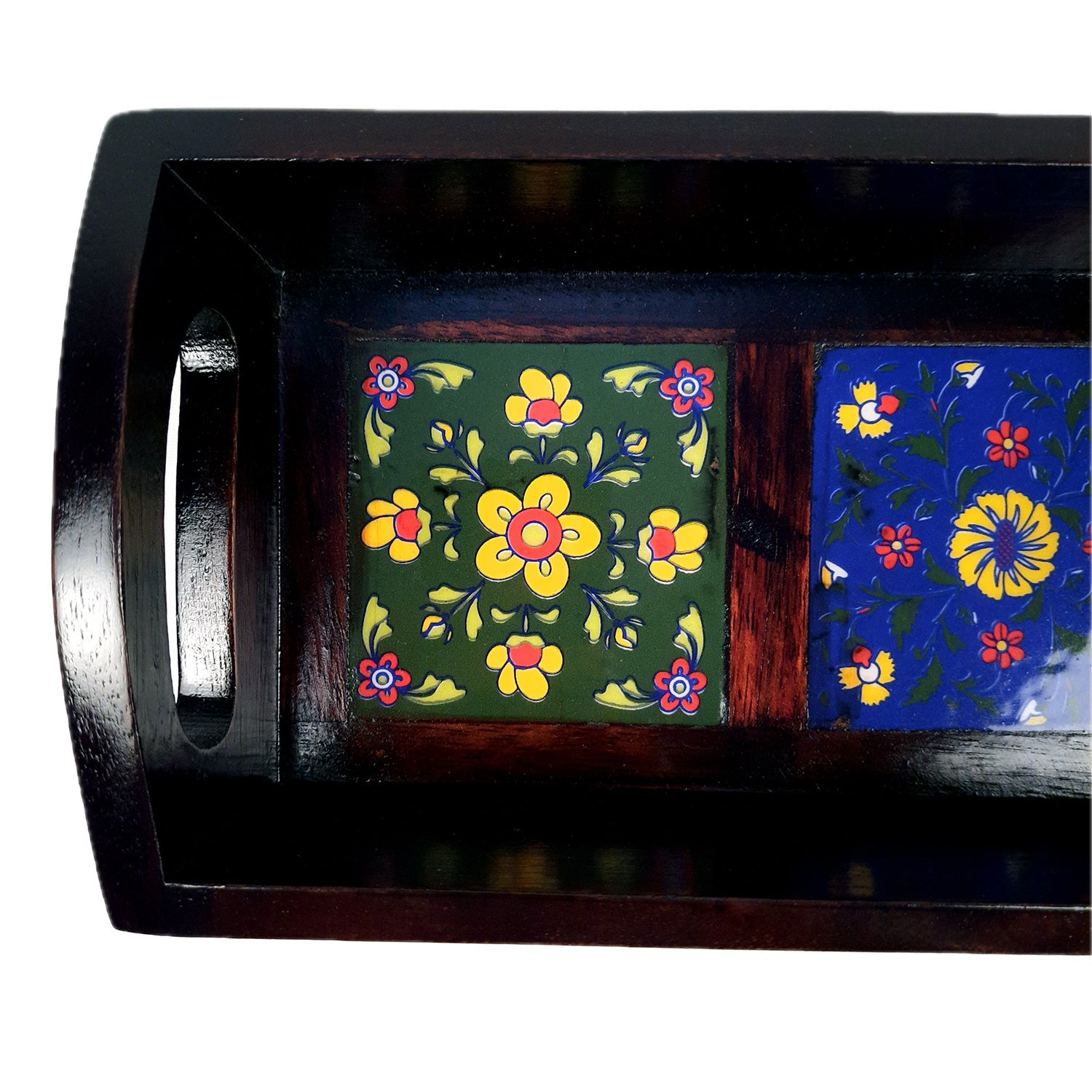 Serving Tray With Ceramic Tiles | Tea & Snacks Serving Platter Wooden - for Home, Dining Table, Kitchen Decor & Gifts - 9 Inch - Apkamart