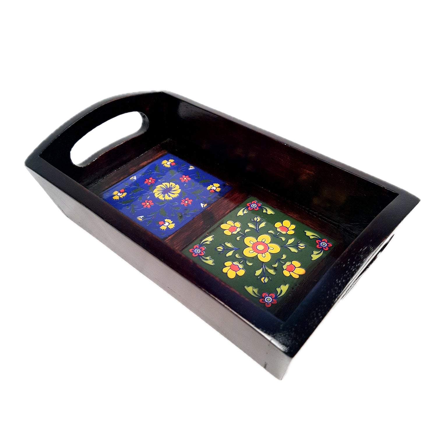Serving Tray With Ceramic Tiles | Tea & Snacks Serving Platter Wooden - for Home, Dining Table, Kitchen Decor & Gifts - 9 Inch - Apkamart