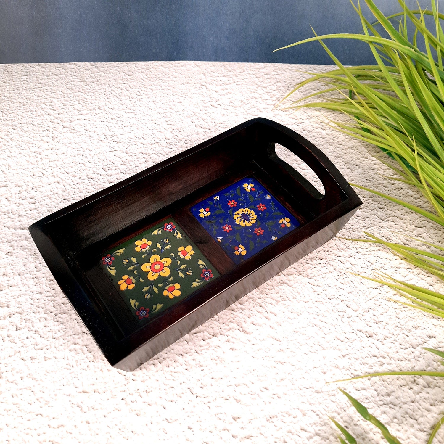 Serving Tray With Ceramic Tiles | Tea & Snacks Serving Platter Wooden - for Home, Dining Table, Kitchen Decor & Gifts - 9 Inch - Apkamart
