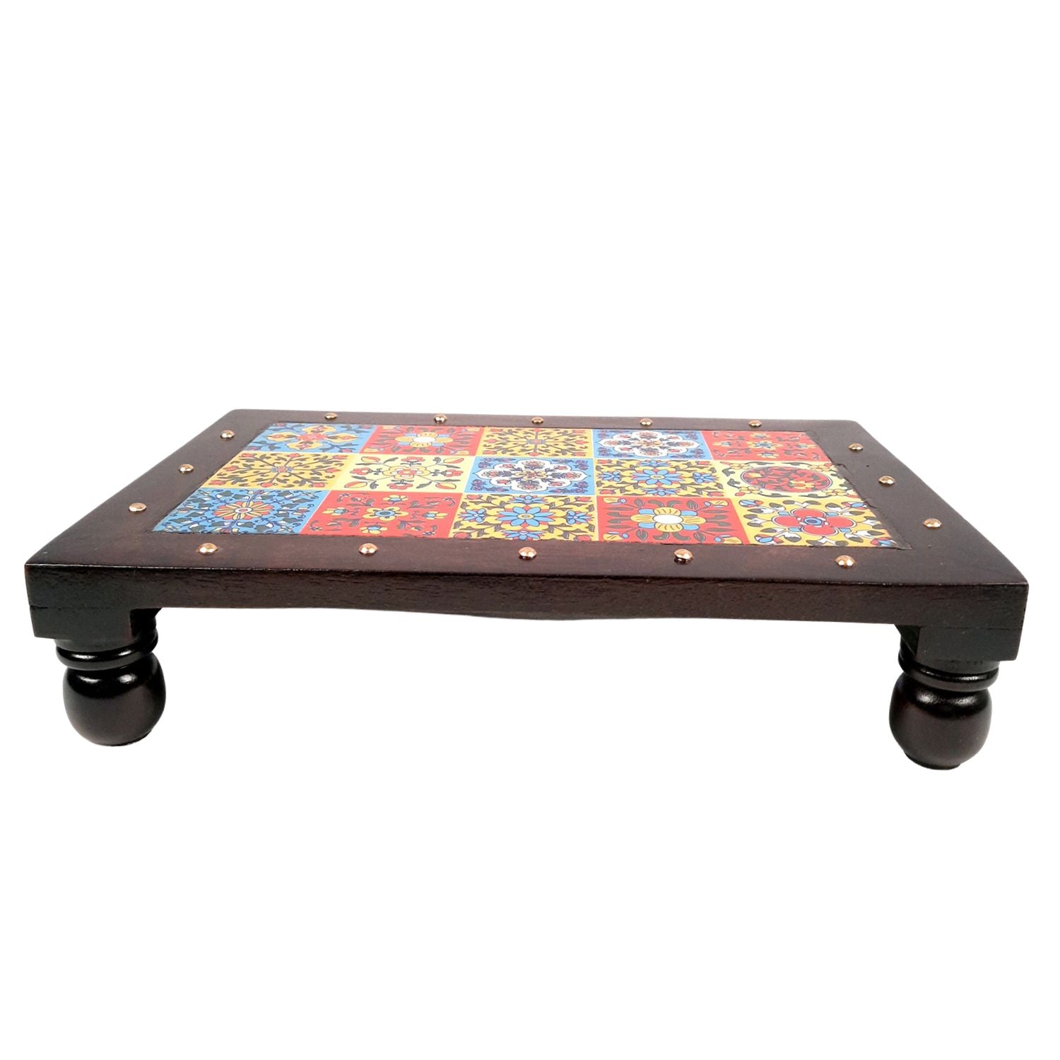 Puja Chowki Bajot | Patla with Ceramic Tile Top | Wooden Peeta - For Pooja, Sitting & Home Decor - 12 Inch - apkamart
