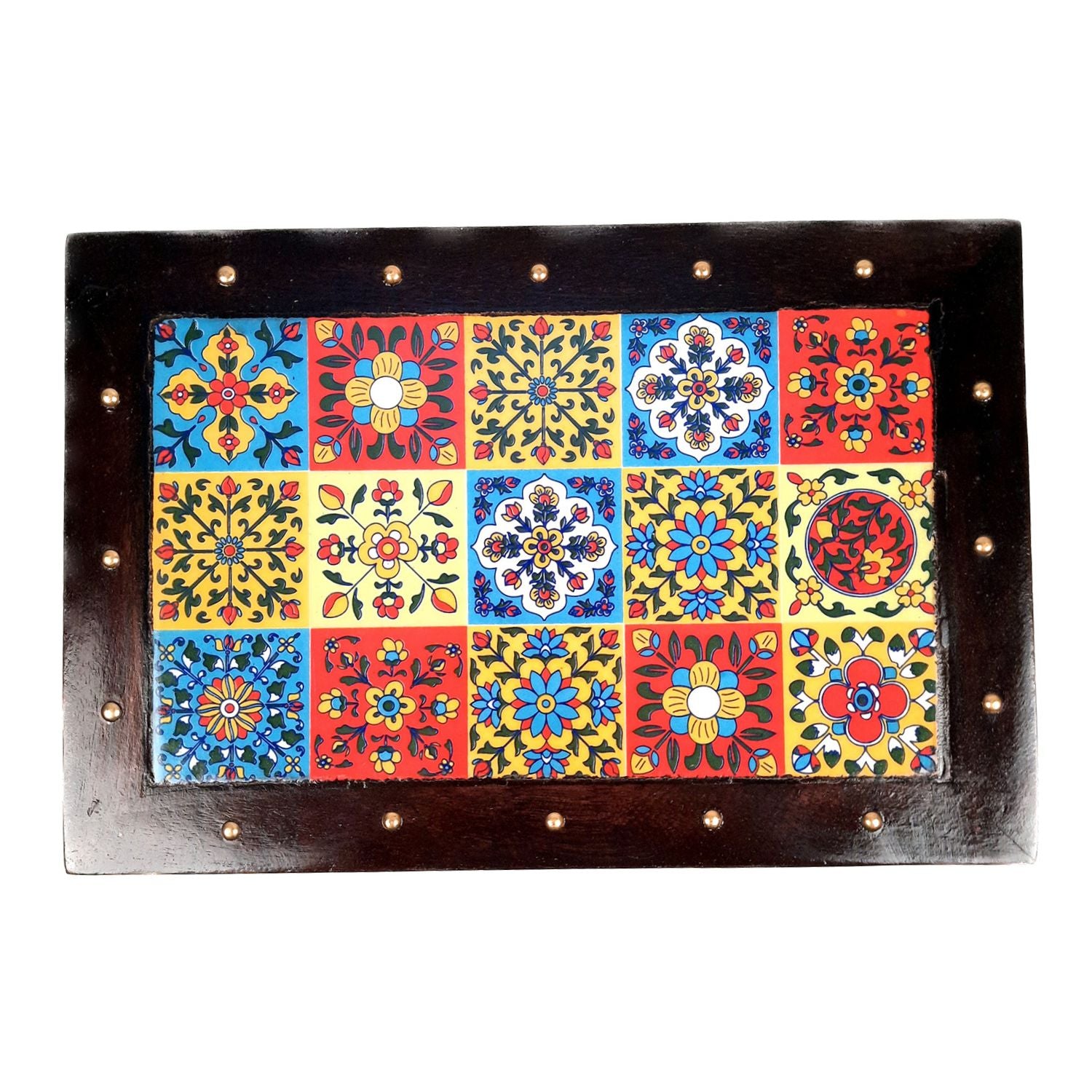 Puja Chowki Bajot | Patla with Ceramic Tile Top | Wooden Peeta - For Pooja, Sitting & Home Decor - 12 Inch - apkamart