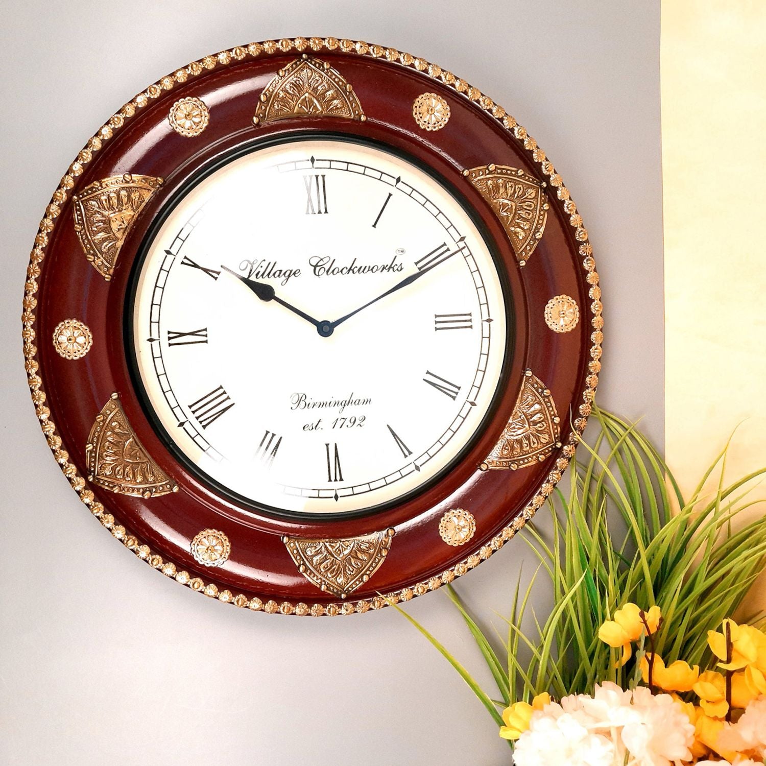 Wall Clock Wooden | Wall Mount Analogue Clock With Premium Wood Finish & Brass Work - For Home, Living Room, Bedroom, Hall Decor | Wedding & Housewarming Gift - 18 Inch - Apkamart #Style_Design 2
