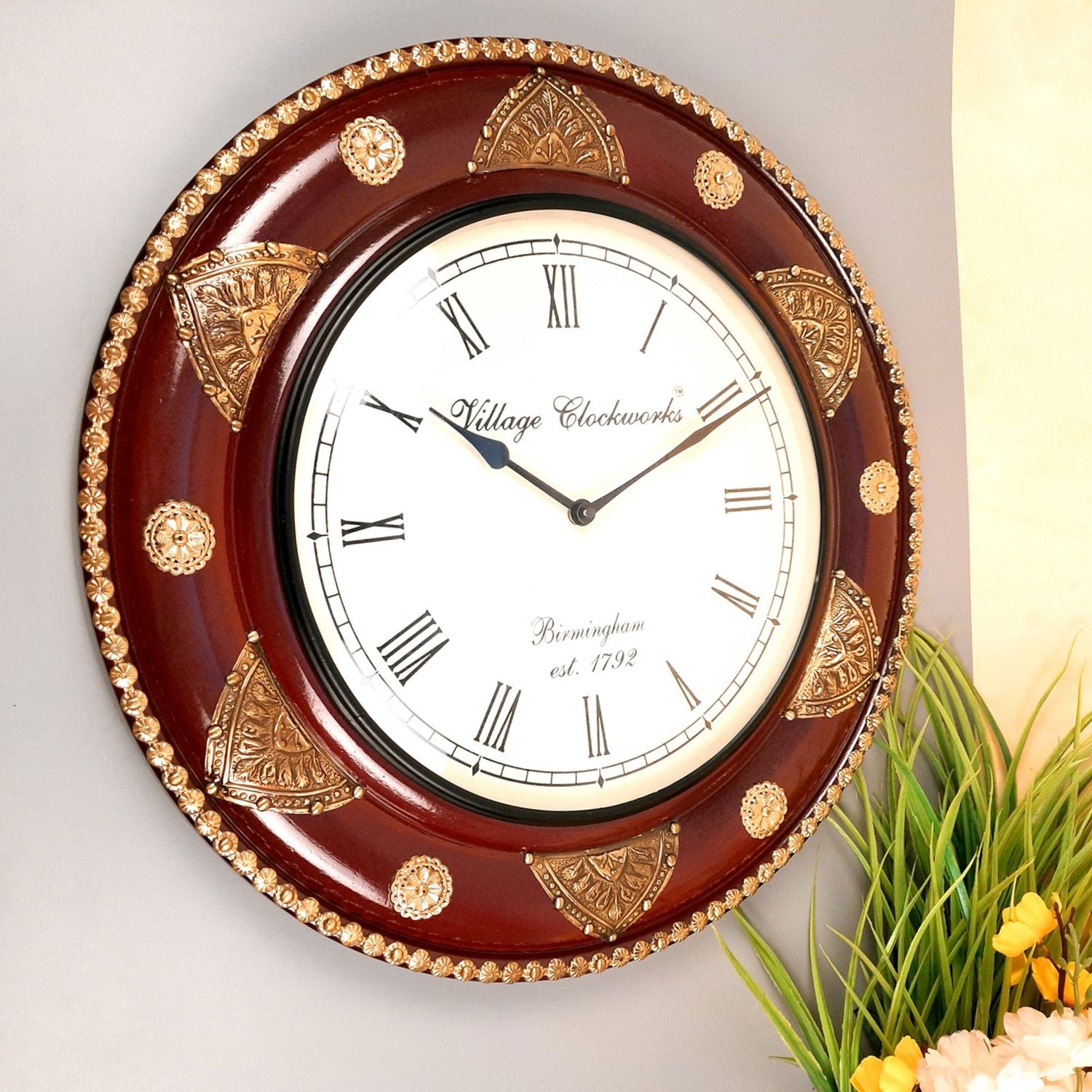 Wall Clock Wooden | Wall Mount Analogue Clock With Premium Wood Finish & Brass Work - For Home, Living Room, Bedroom, Hall Decor | Wedding & Housewarming Gift - 18 Inch - Apkamart #Style_Design 2