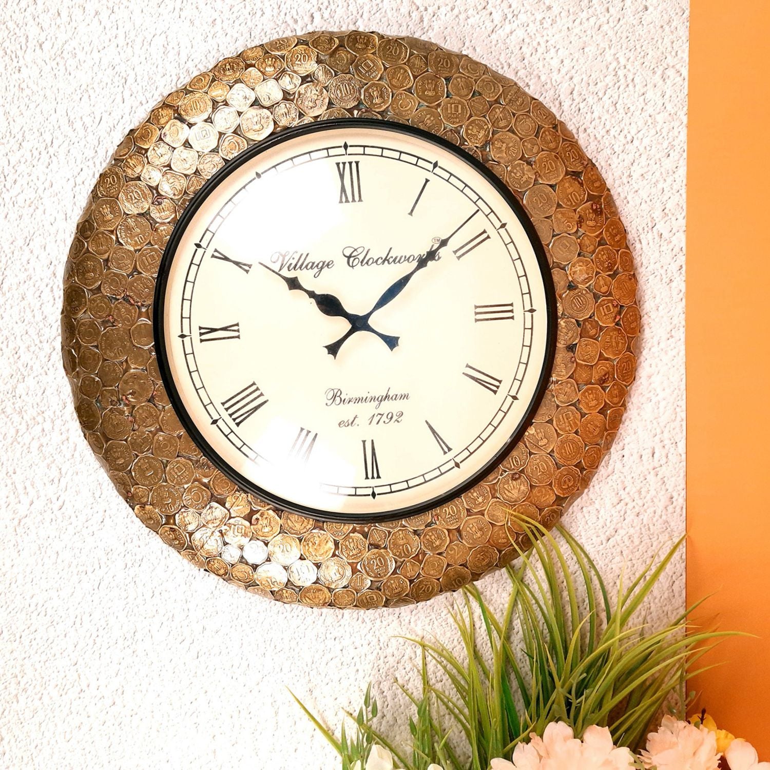 Wall Clock Vintage | Wall Mount Clock Antique With Old Coins Design - For Home, Office, Bedroom, Hall Decor & Gifts | Wedding & Housewarming Gift - 18 Inch - Apkamart