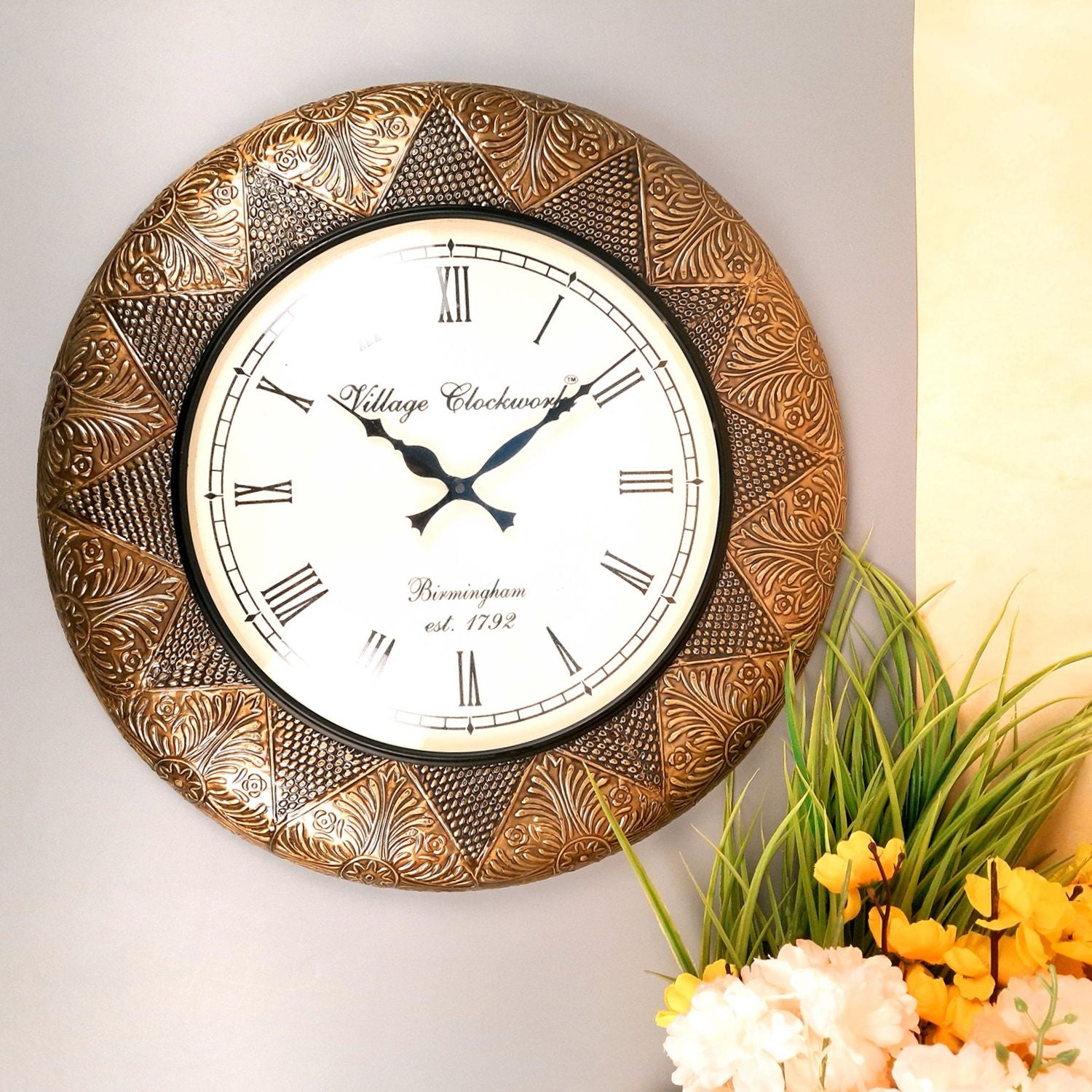 Wall Clock Vintage for Living Room | Wall Mount Clock With Antique Brass Work - For Home, Office, Bedroom, Hall Decor & Gifts | Wedding & Housewarming Gift - 18 Inch