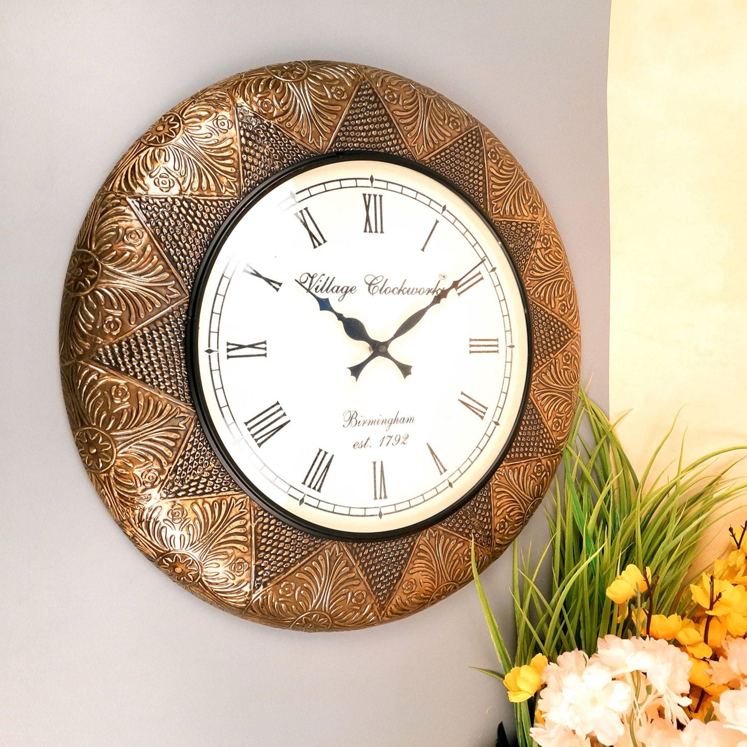 Wall Clock Vintage for Living Room | Wall Mount Clock With Antique Brass Work - For Home, Office, Bedroom, Hall Decor & Gifts | Wedding & Housewarming Gift - 18 Inch