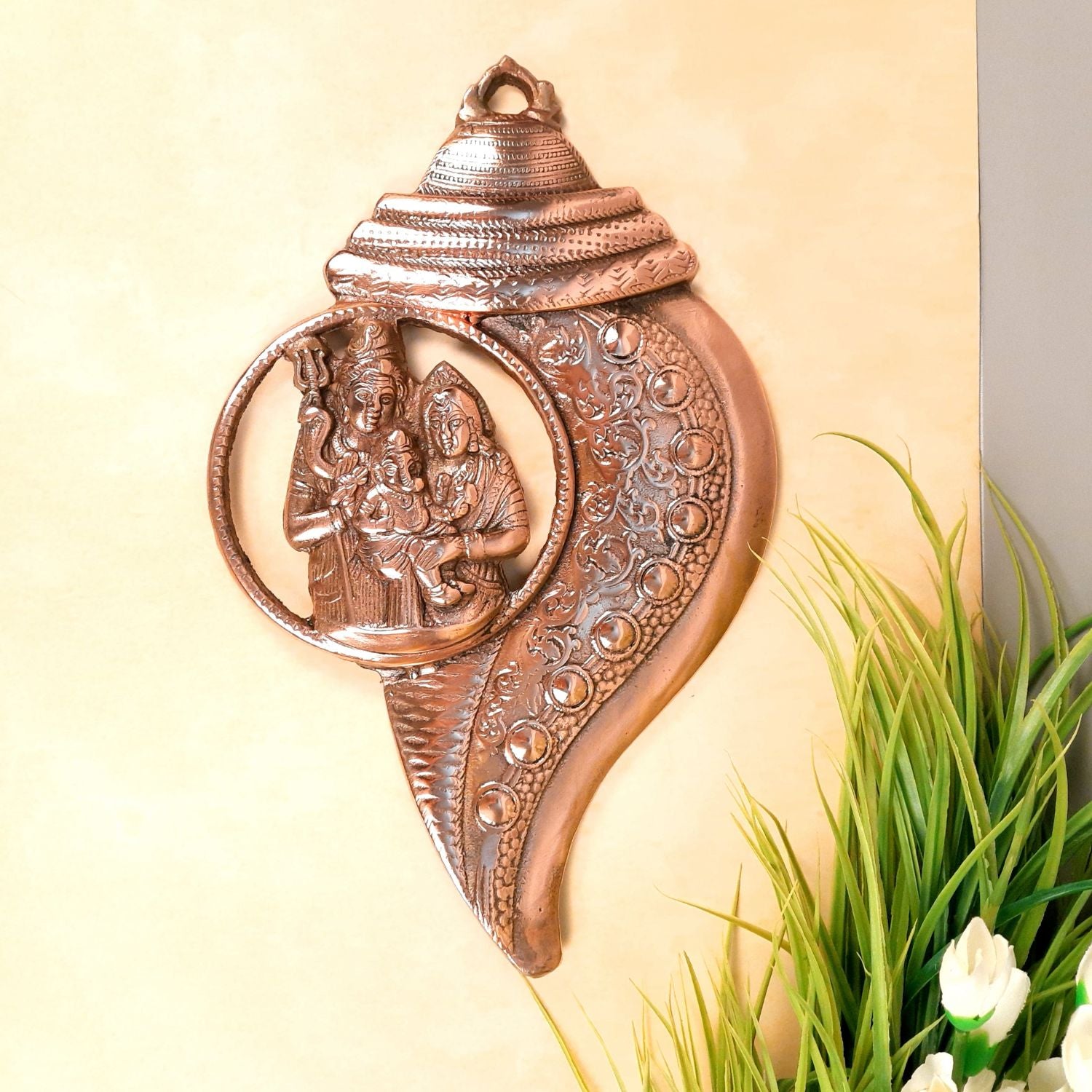 Shiv Parvati Ganesha Wall Hanging Murti | Shiva Parivar Wall Statue In Shankh Design - for Entrance & Main Door | Religious & Spiritual Wall Art - For Home, Puja, Living Room Decor & Gift - 17 Inch - Apkamart