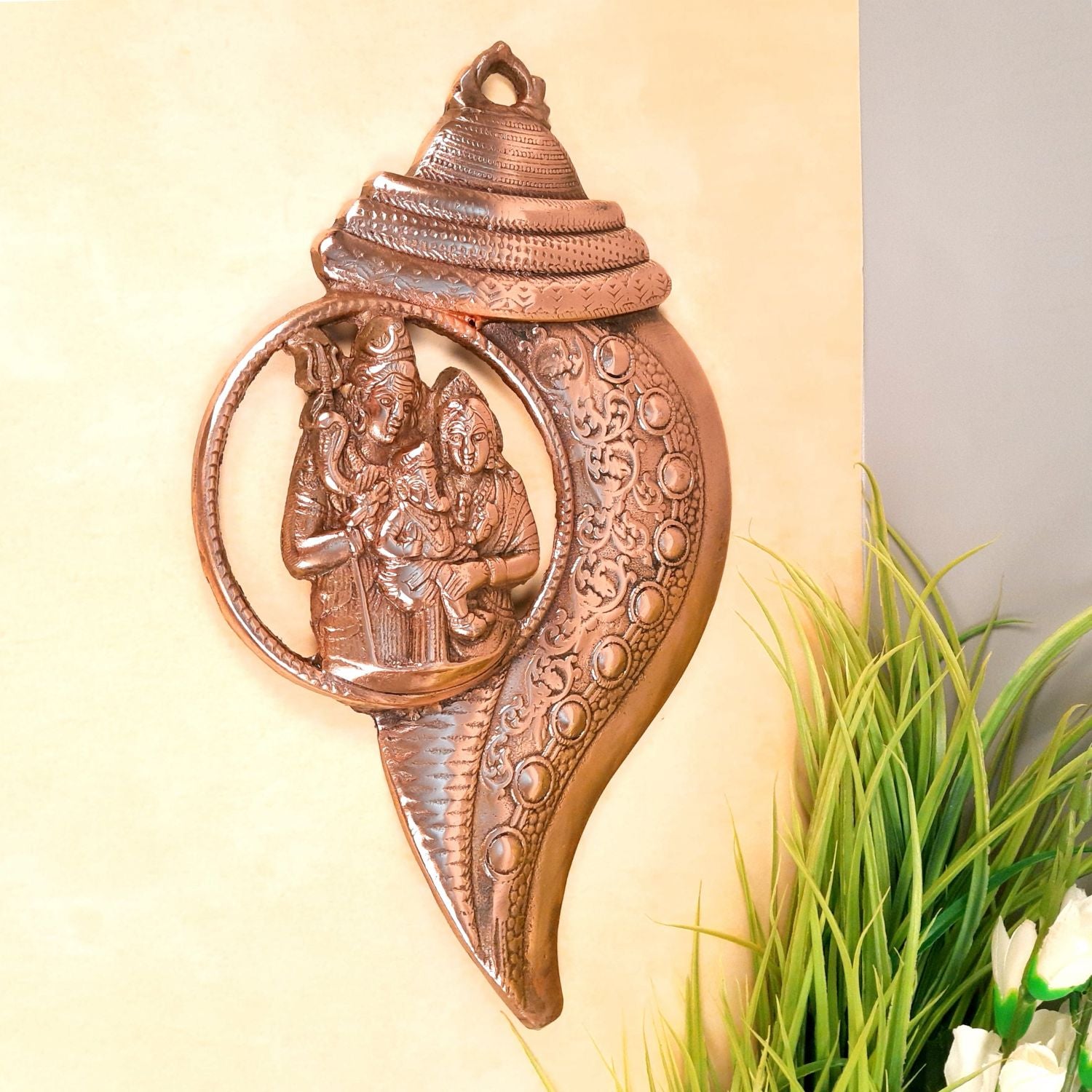 Shiv Parvati Ganesha Wall Hanging Murti | Shiva Parivar Wall Statue In Shankh Design - for Entrance & Main Door | Religious & Spiritual Wall Art - For Home, Puja, Living Room Decor & Gift - 17 Inch - Apkamart