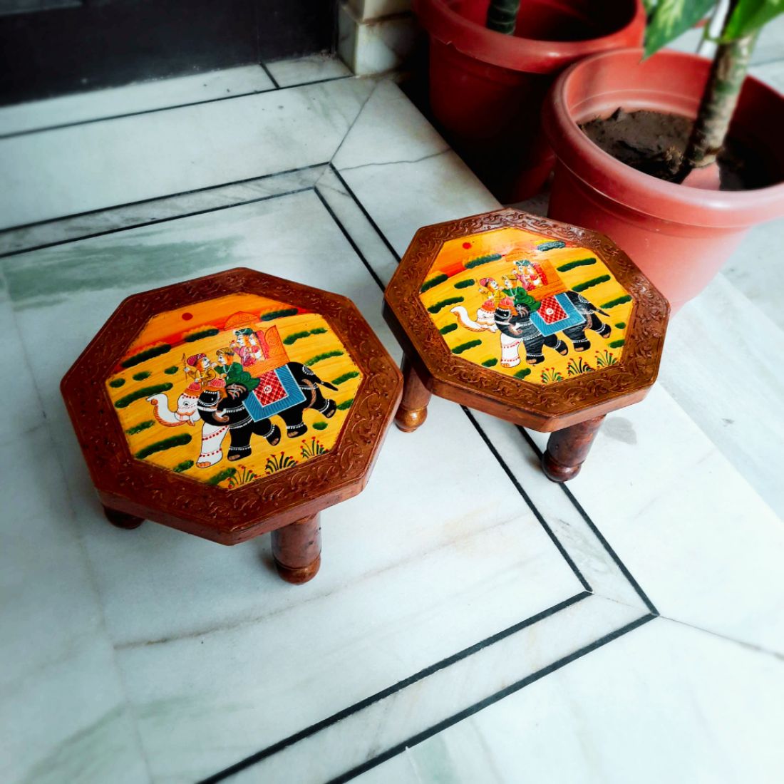 Decorative Chowki | Wooden Bajot - For Corner decoration & Sitting - 12 Inch - apkamart #Style_Pack of 2