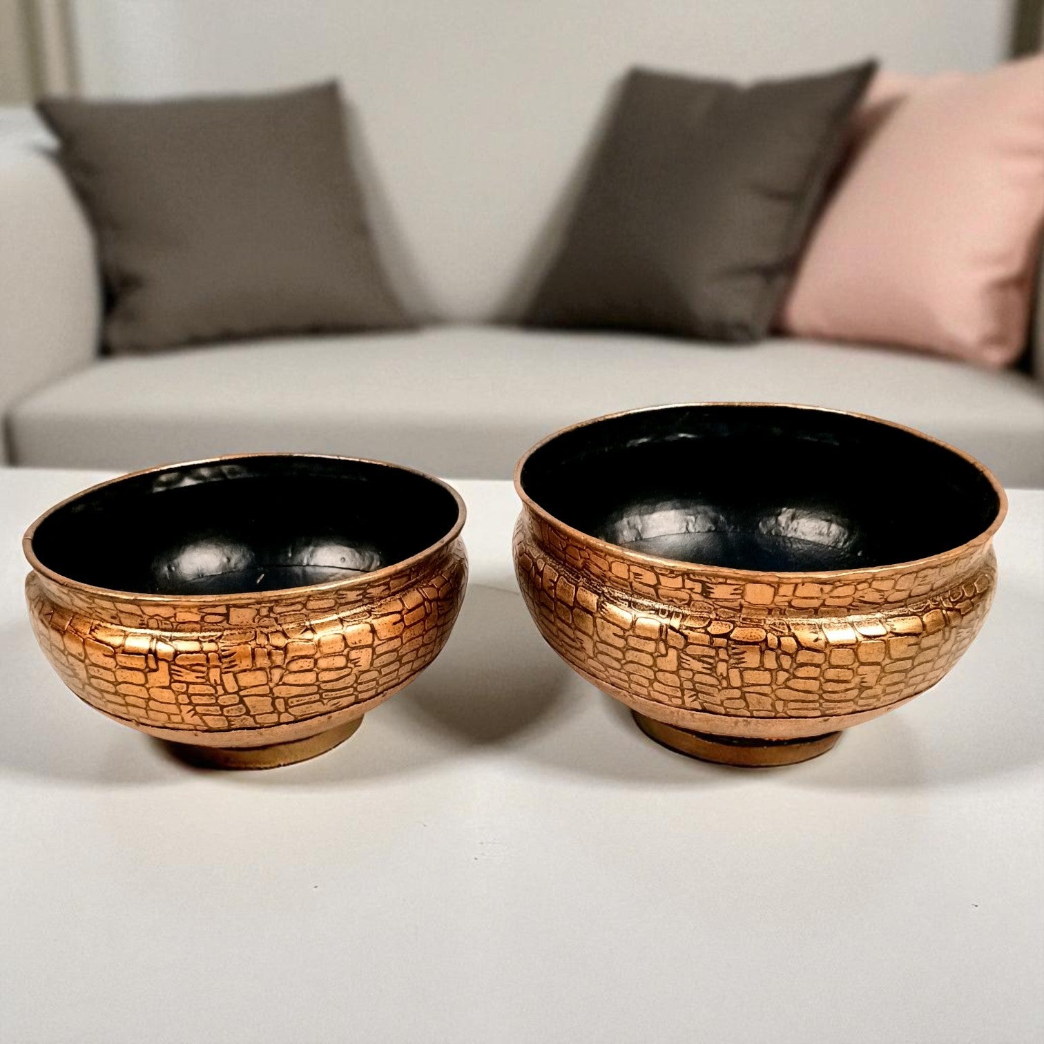 Urli Set | Decorative Basket | Multipurpose Bowl for Fruit, Keys, Jewelry & Home Decor | Handcrafted Metal Urli Bowl Set - 7 Inch (Set Of 2) - Apkamart #Style_Design 1