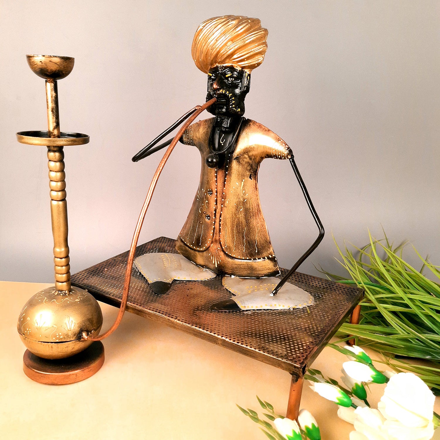 Showpiece - Village Man With Hukka Design | Decorative Big Figurine - for Home, Bedroom, Living Room, Office Desk & Bar Decor - 18 Inch - Apkamart