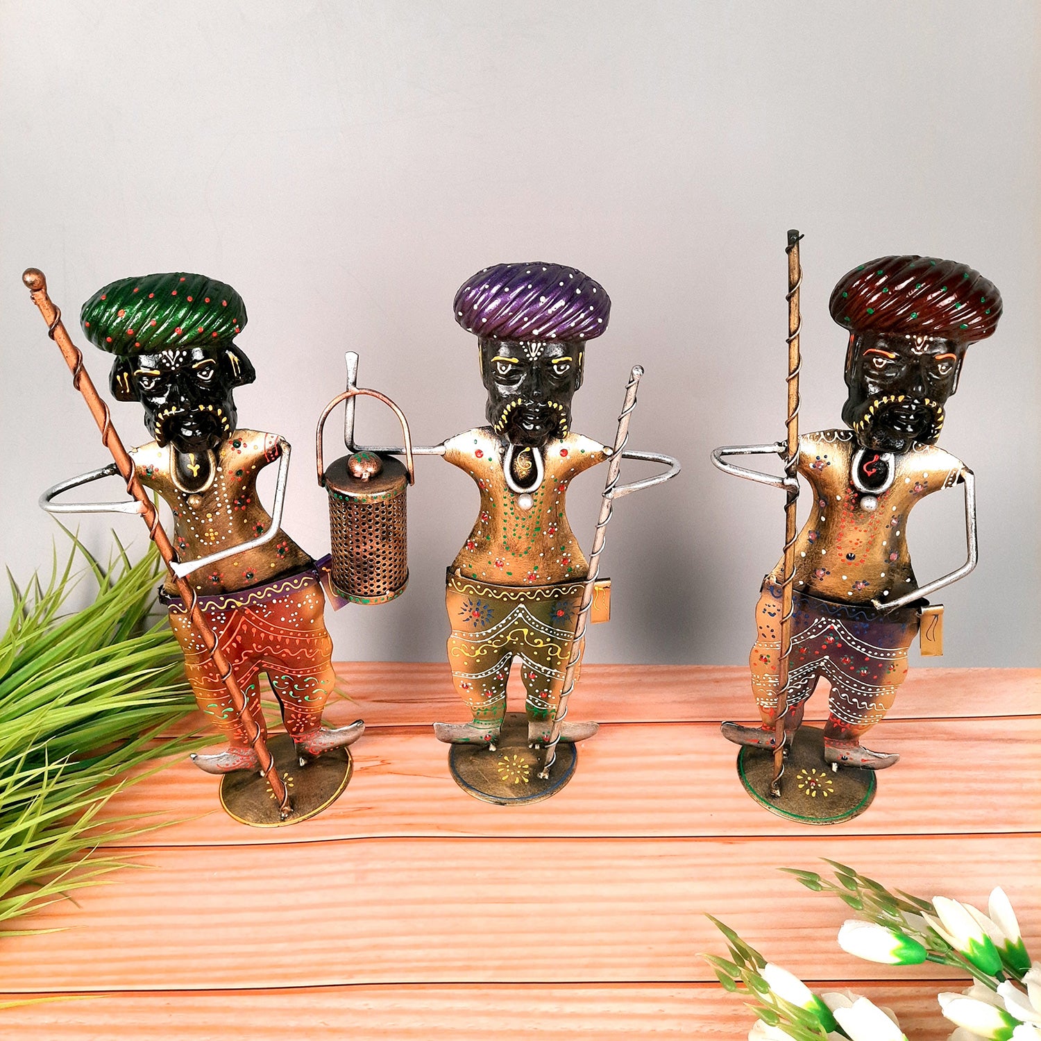 Darbaan Showpiece | Village Men Holding Stick & Lantern Figurines | Handicraft Show Pieces - For Home, Table, Living Room, TV Unit Decor | Housewarming & Festivals Gifts - 14 Inch (Set of 3) - Apkamart