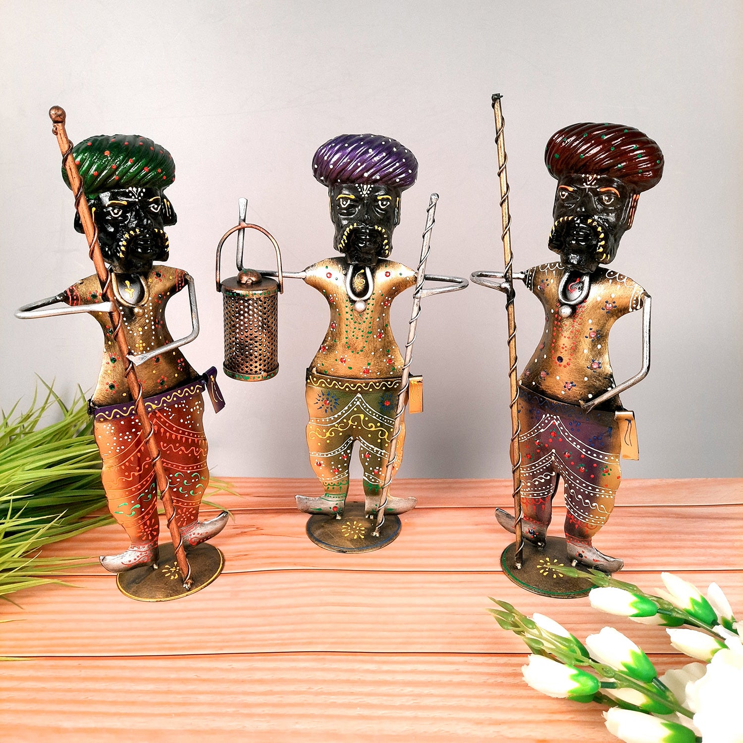 Darbaan Showpiece | Village Men Holding Stick & Lantern Figurines | Handicraft Show Pieces - For Home, Table, Living Room, TV Unit Decor | Housewarming & Festivals Gifts - 14 Inch (Set of 3) - Apkamart